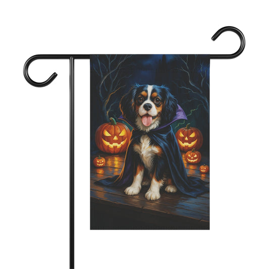 Printify Home Decor 12'' × 18'' Yard Flag, Halloween Tricolor King Charles Cavalier Spaniel Dog, Vampire Pumpkins Decor, Garden House Banner, Outdoor Halloween Fall Art