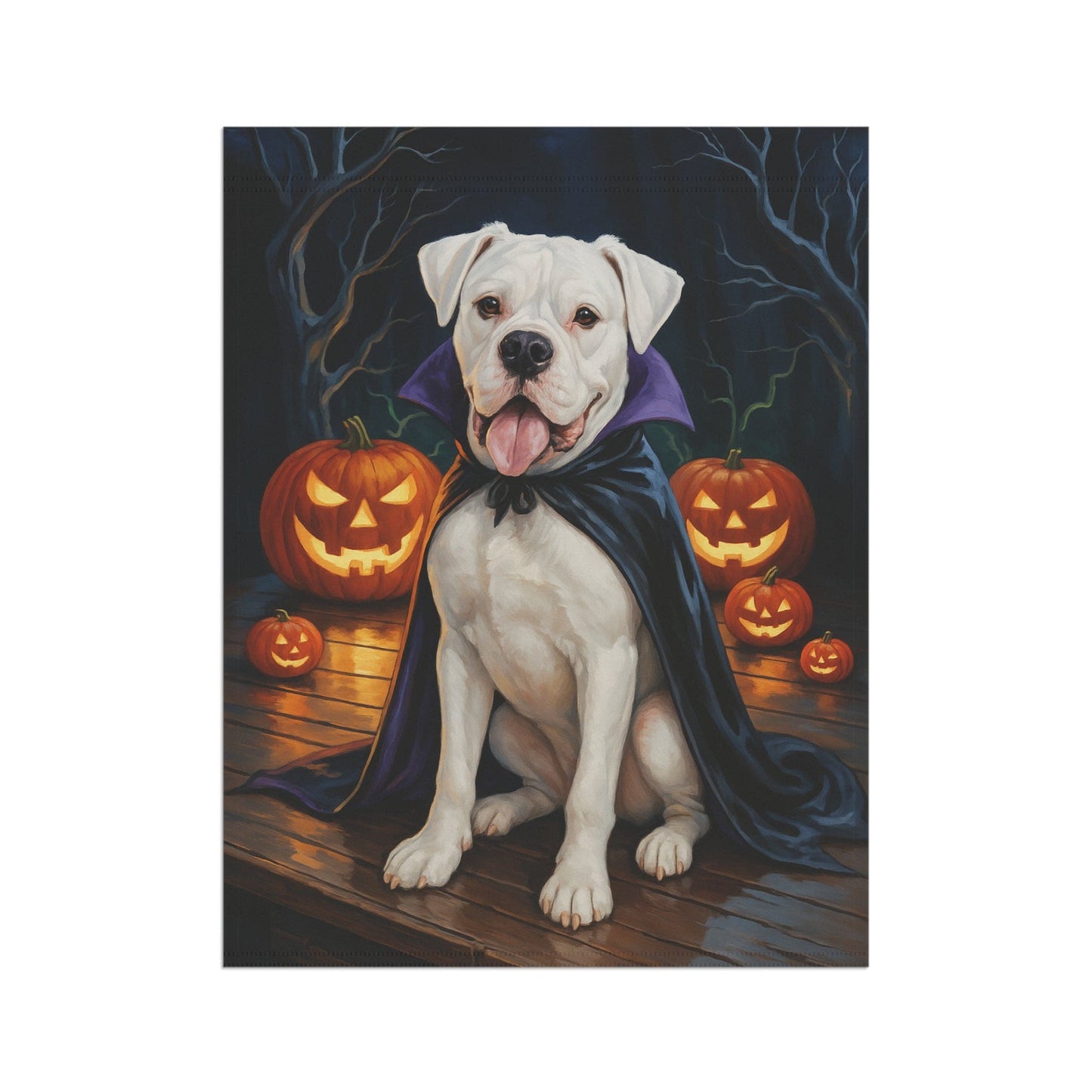 Printify Home Decor Yard Flag, Halloween White Boxer Dog, Vampire Pumpkins Decor, Garden House Banner