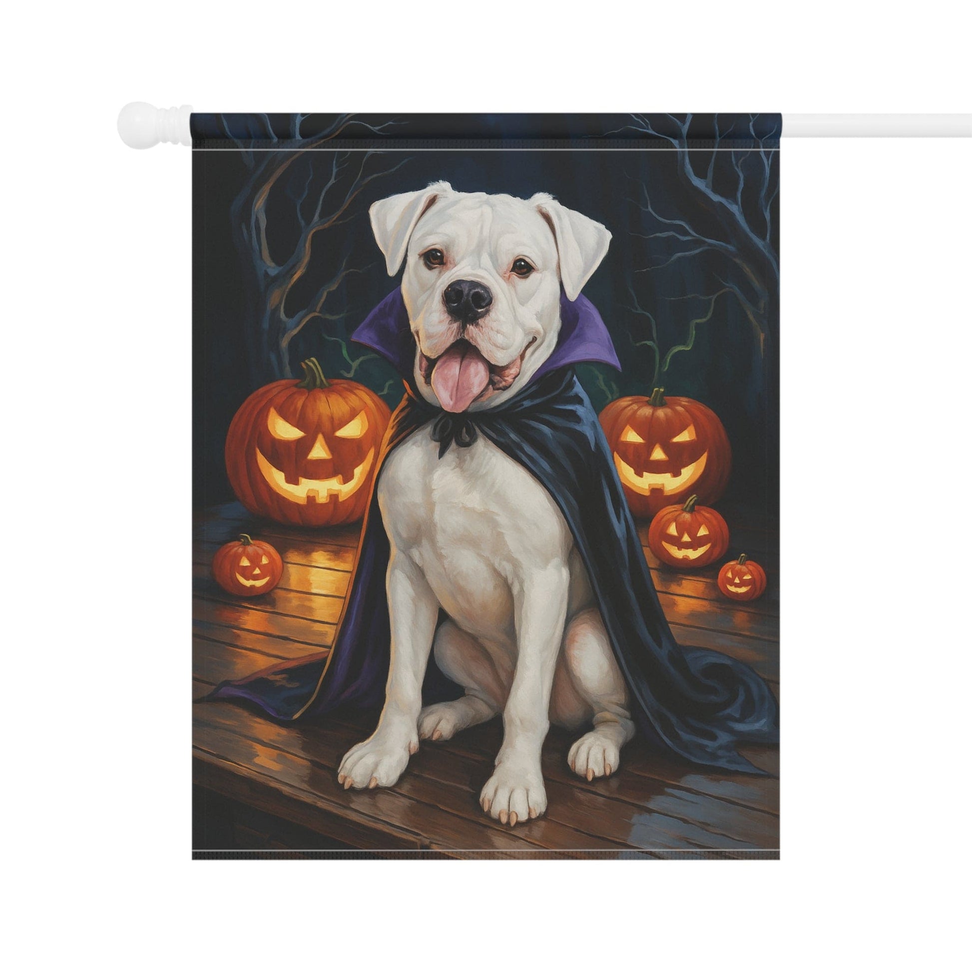 Printify Home Decor Yard Flag, Halloween White Boxer Dog, Vampire Pumpkins Decor, Garden House Banner