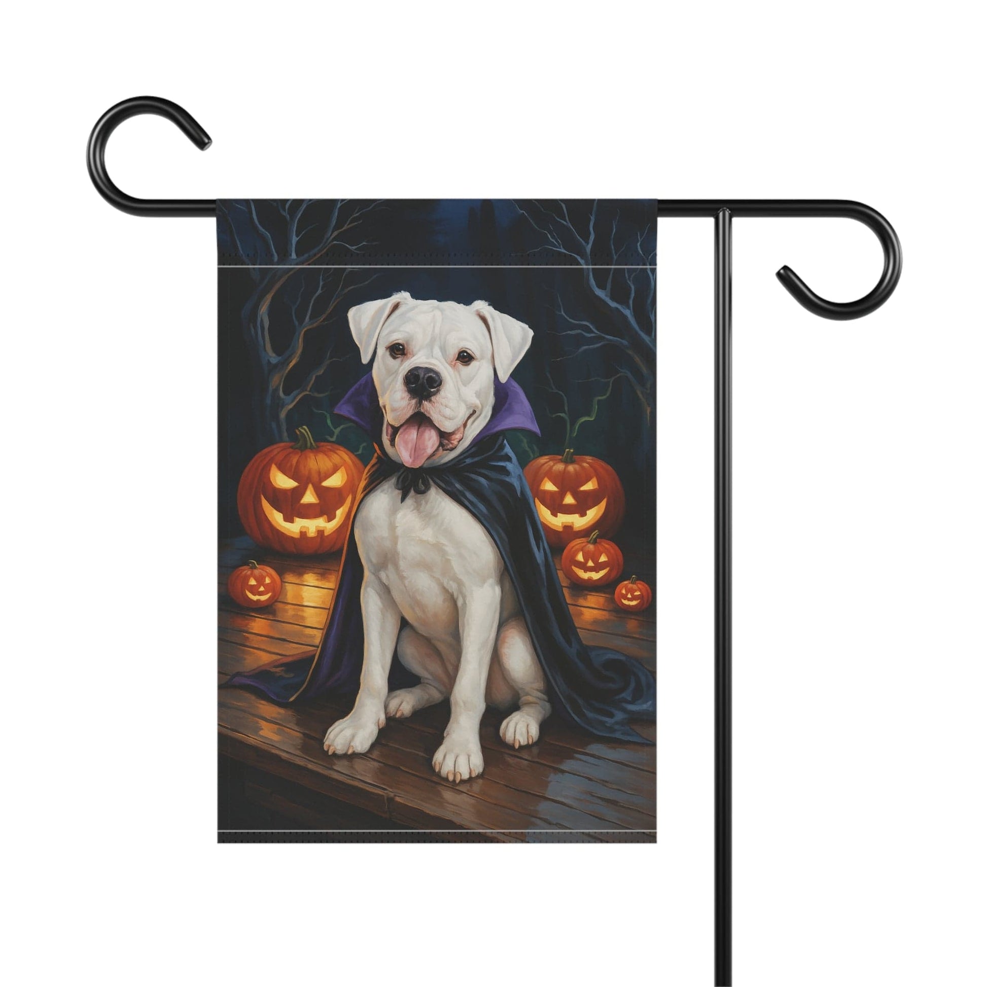 Printify Home Decor Yard Flag, Halloween White Boxer Dog, Vampire Pumpkins Decor, Garden House Banner