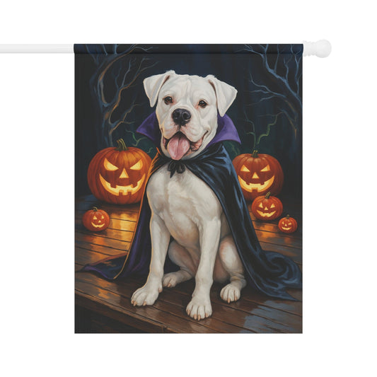 Printify Home Decor 24.5'' × 32'' Yard Flag, Halloween White Boxer Dog, Vampire Pumpkins Decor, Garden House Banner