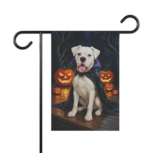 Printify Home Decor 12'' × 18'' Yard Flag, Halloween White Boxer Dog, Vampire Pumpkins Decor, Garden House Banner