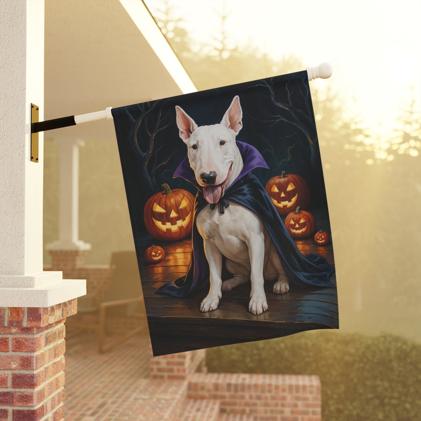 Printify Home Decor Yard Flag, Halloween White Bull Terrier Dog, Vampire Pumpkins Decor, Garden House Banner