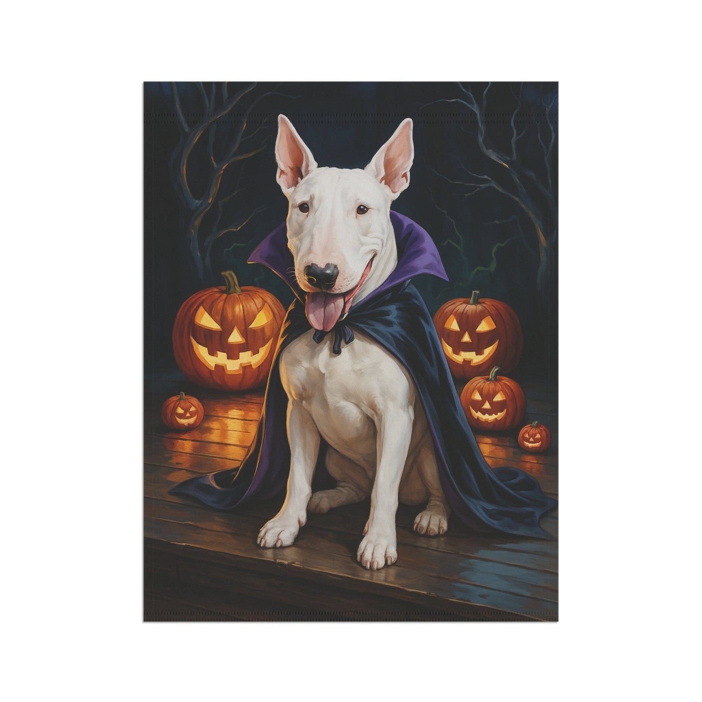 Printify Home Decor Yard Flag, Halloween White Bull Terrier Dog, Vampire Pumpkins Decor, Garden House Banner