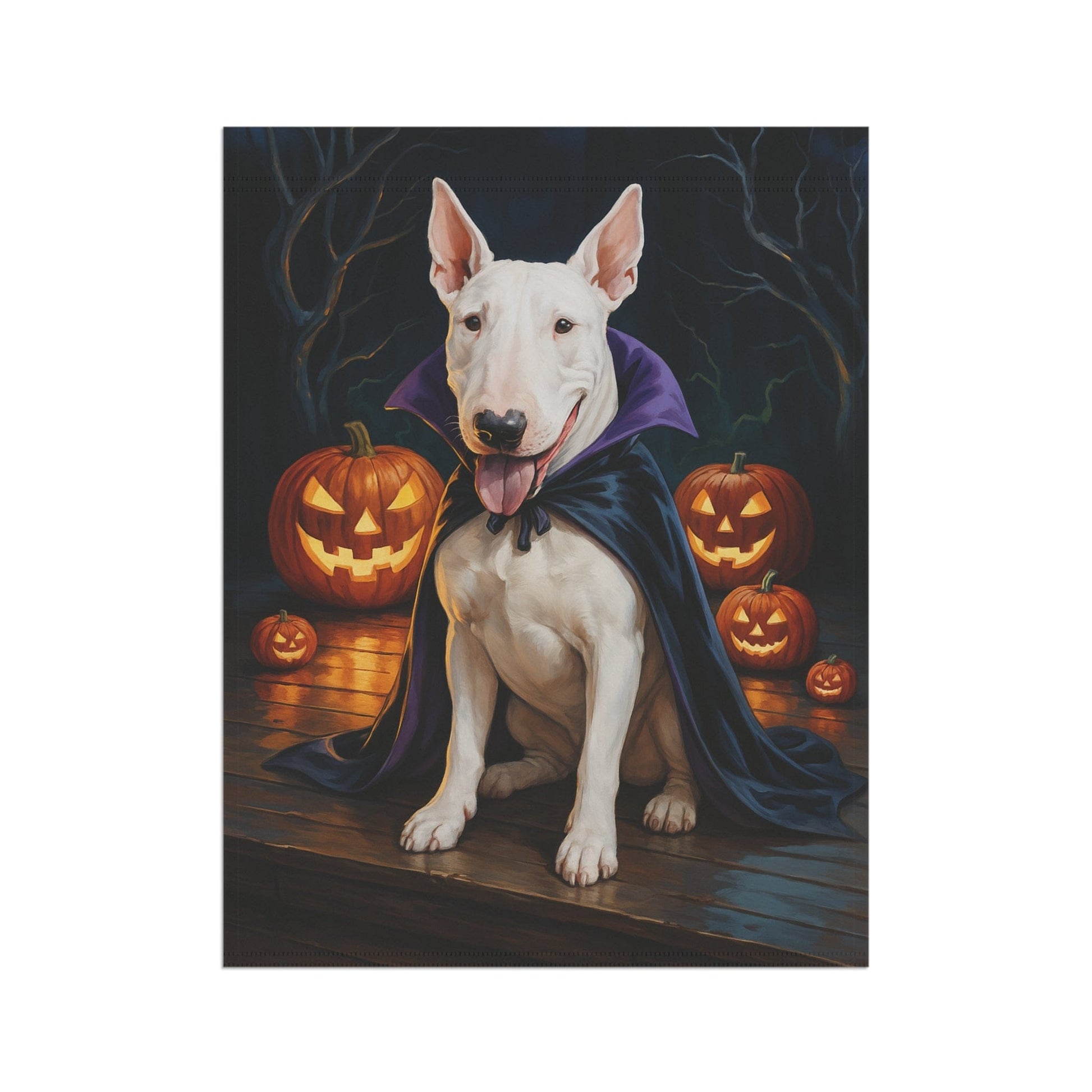 Printify Home Decor Yard Flag, Halloween White Bull Terrier Dog, Vampire Pumpkins Decor, Garden House Banner