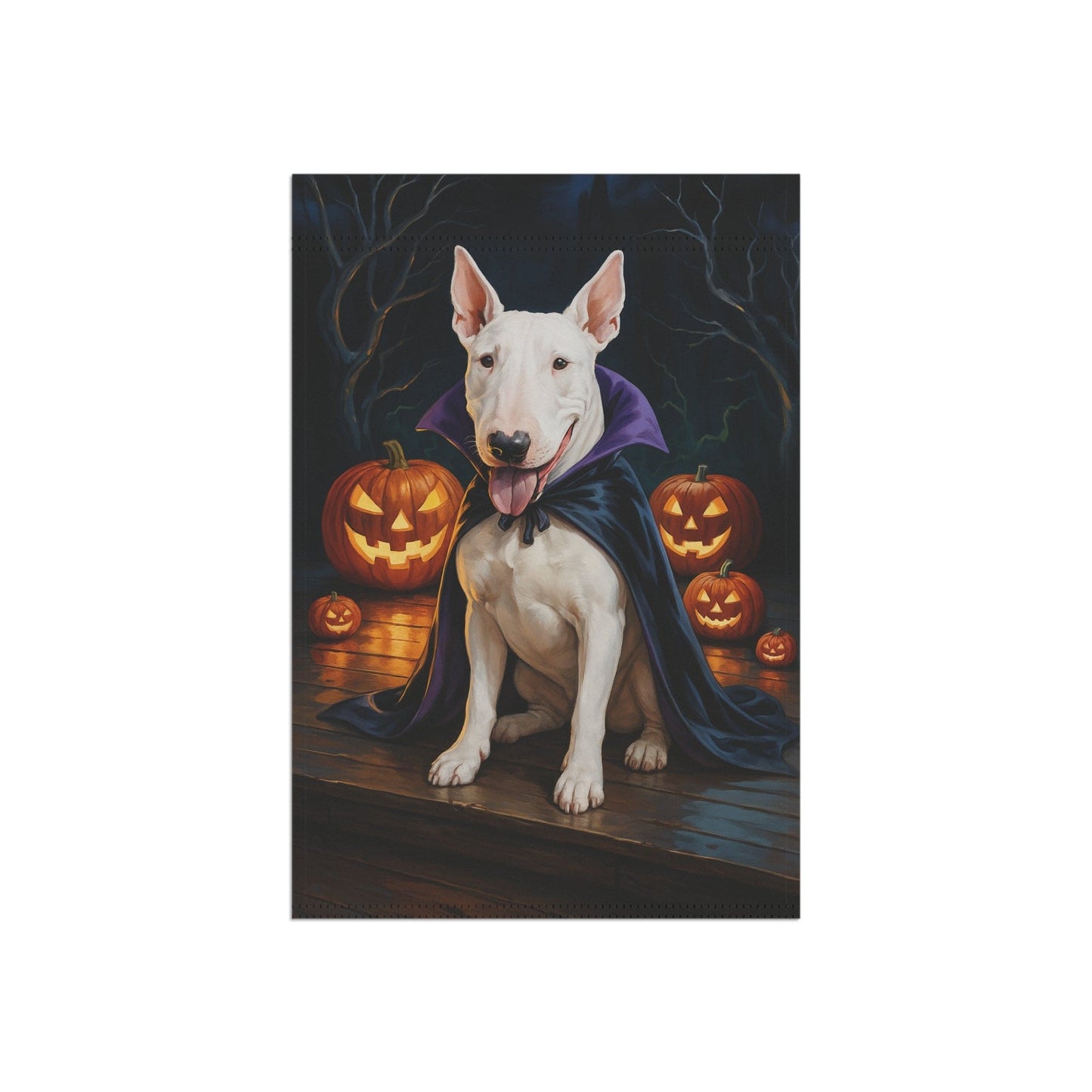 Printify Home Decor Yard Flag, Halloween White Bull Terrier Dog, Vampire Pumpkins Decor, Garden House Banner