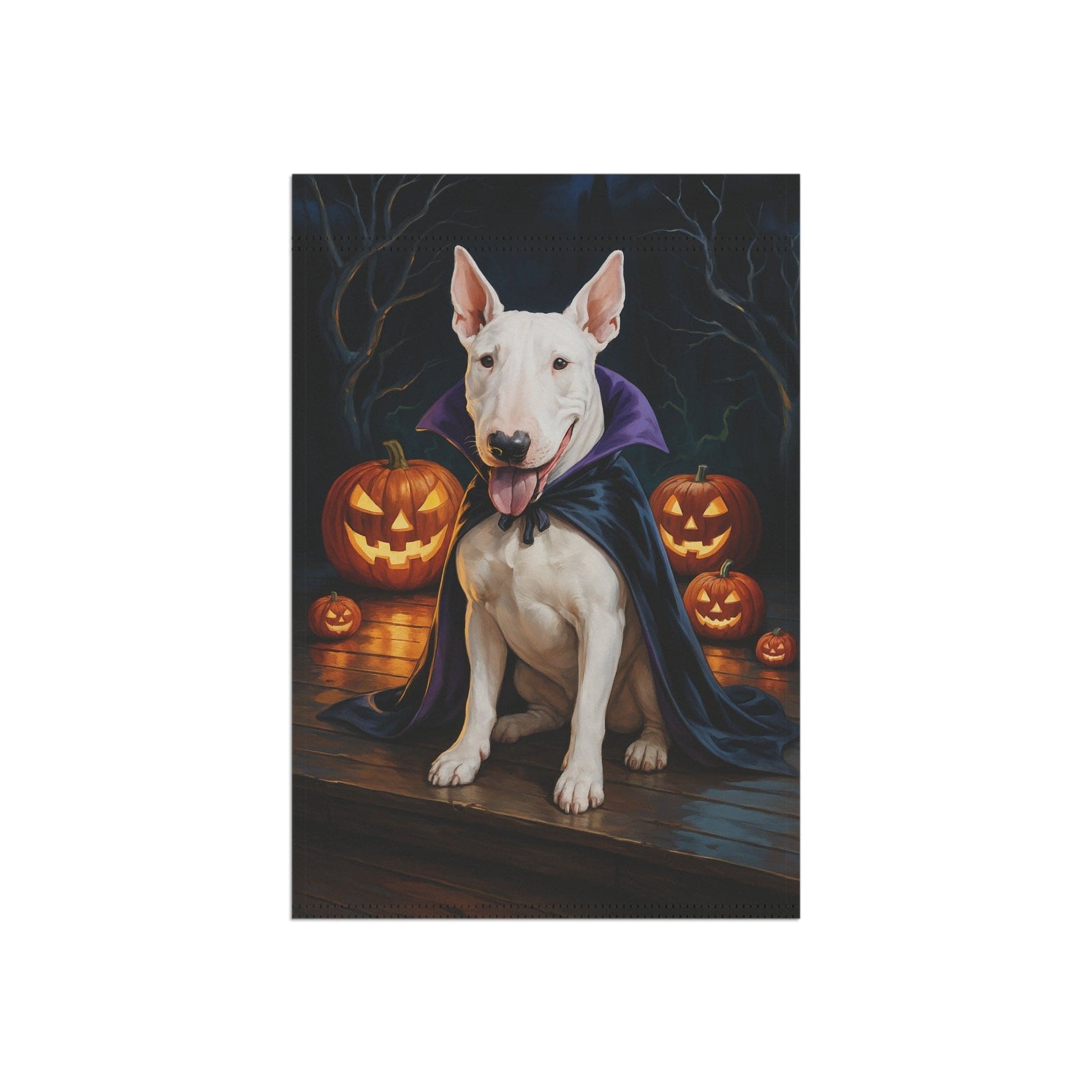 Printify Home Decor Yard Flag, Halloween White Bull Terrier Dog, Vampire Pumpkins Decor, Garden House Banner