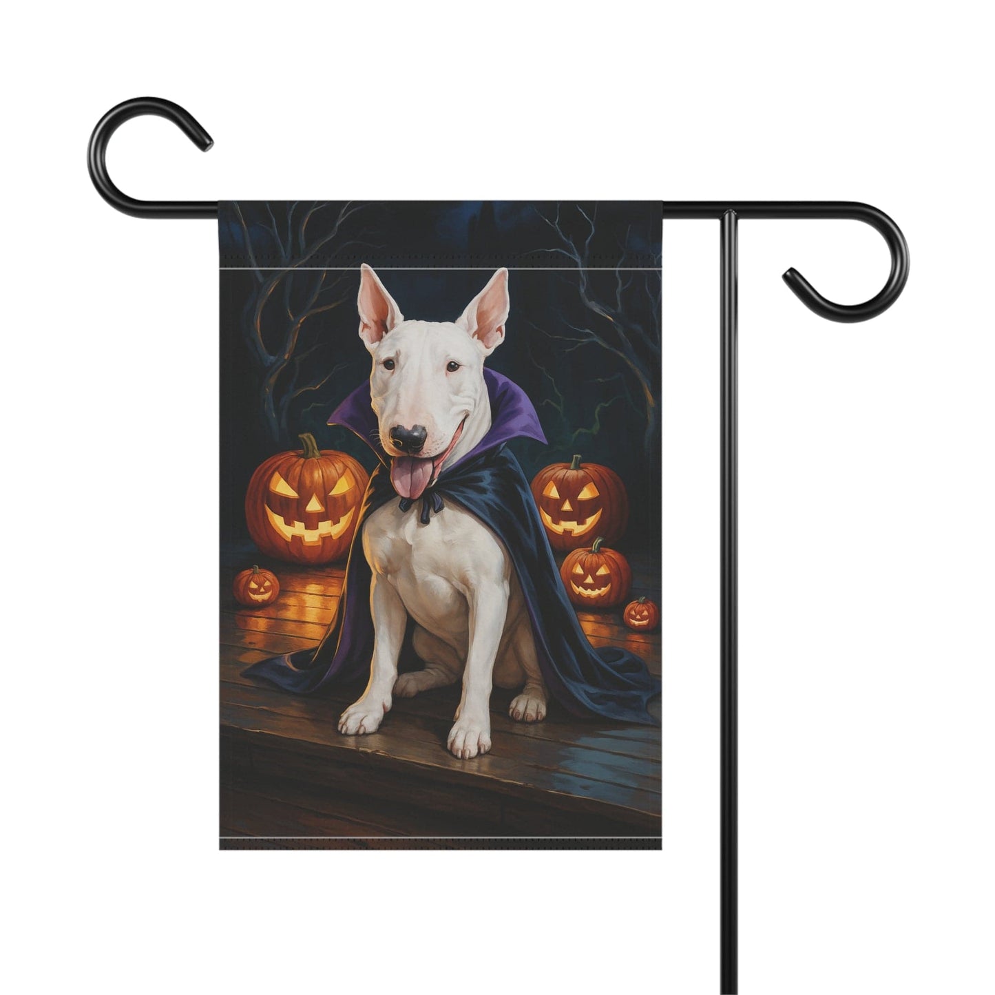 Printify Home Decor Yard Flag, Halloween White Bull Terrier Dog, Vampire Pumpkins Decor, Garden House Banner