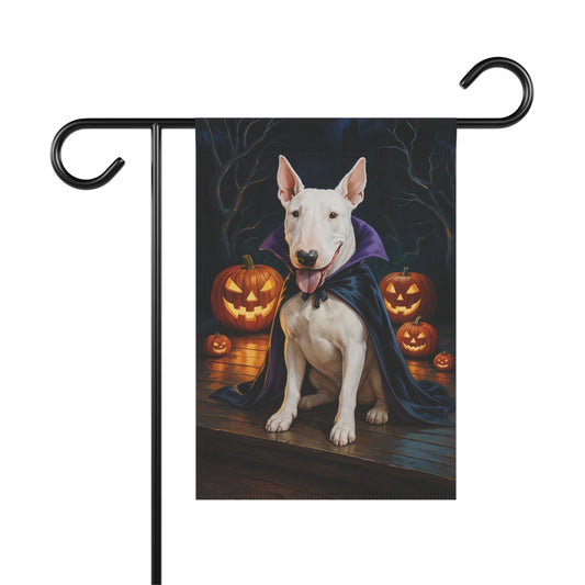 Printify Home Decor 12'' × 18'' Yard Flag, Halloween White Bull Terrier Dog, Vampire Pumpkins Decor, Garden House Banner