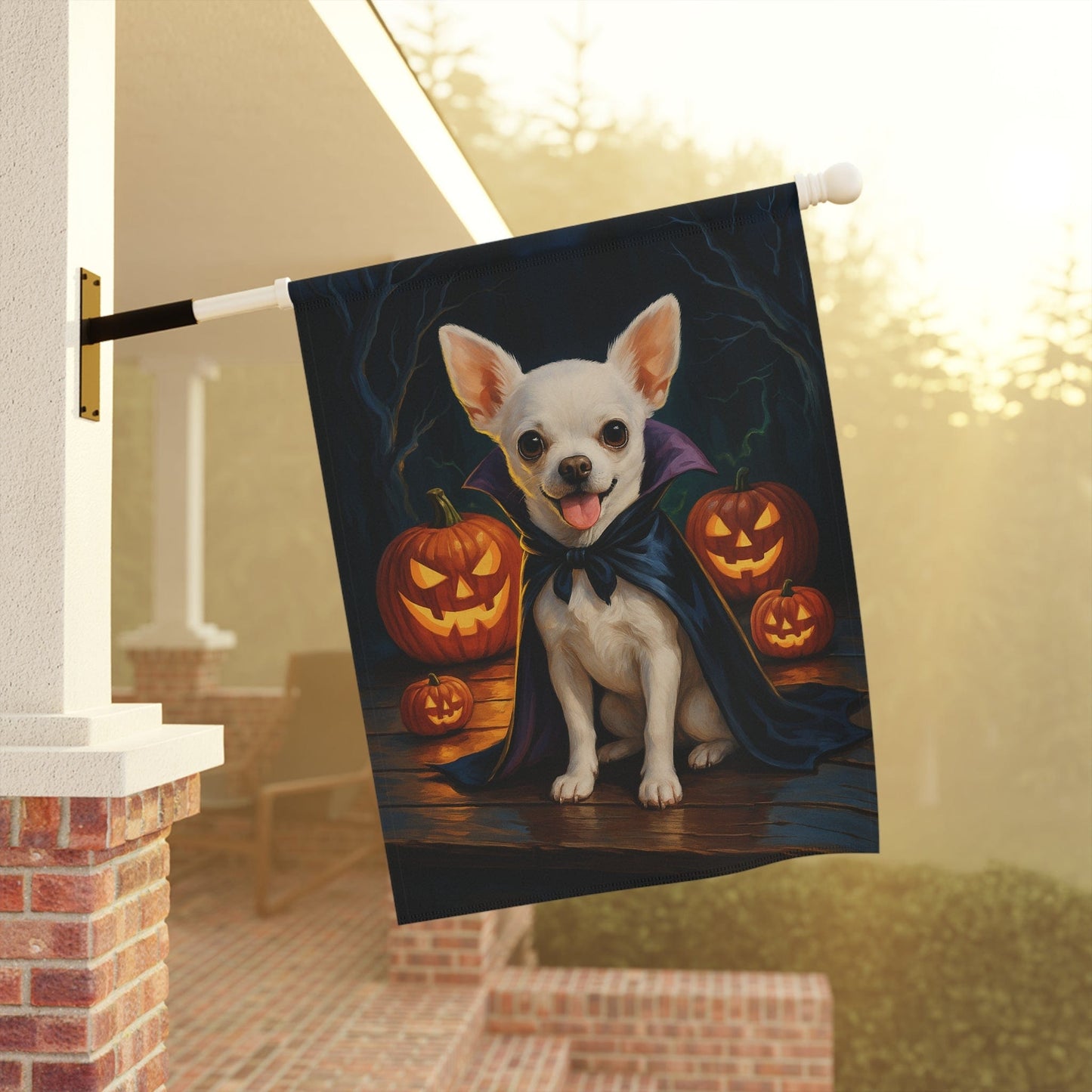 Printify Home Decor Yard Flag, Halloween White Chihuahua Dog, Vampire Pumpkins Decor, Garden House Banner