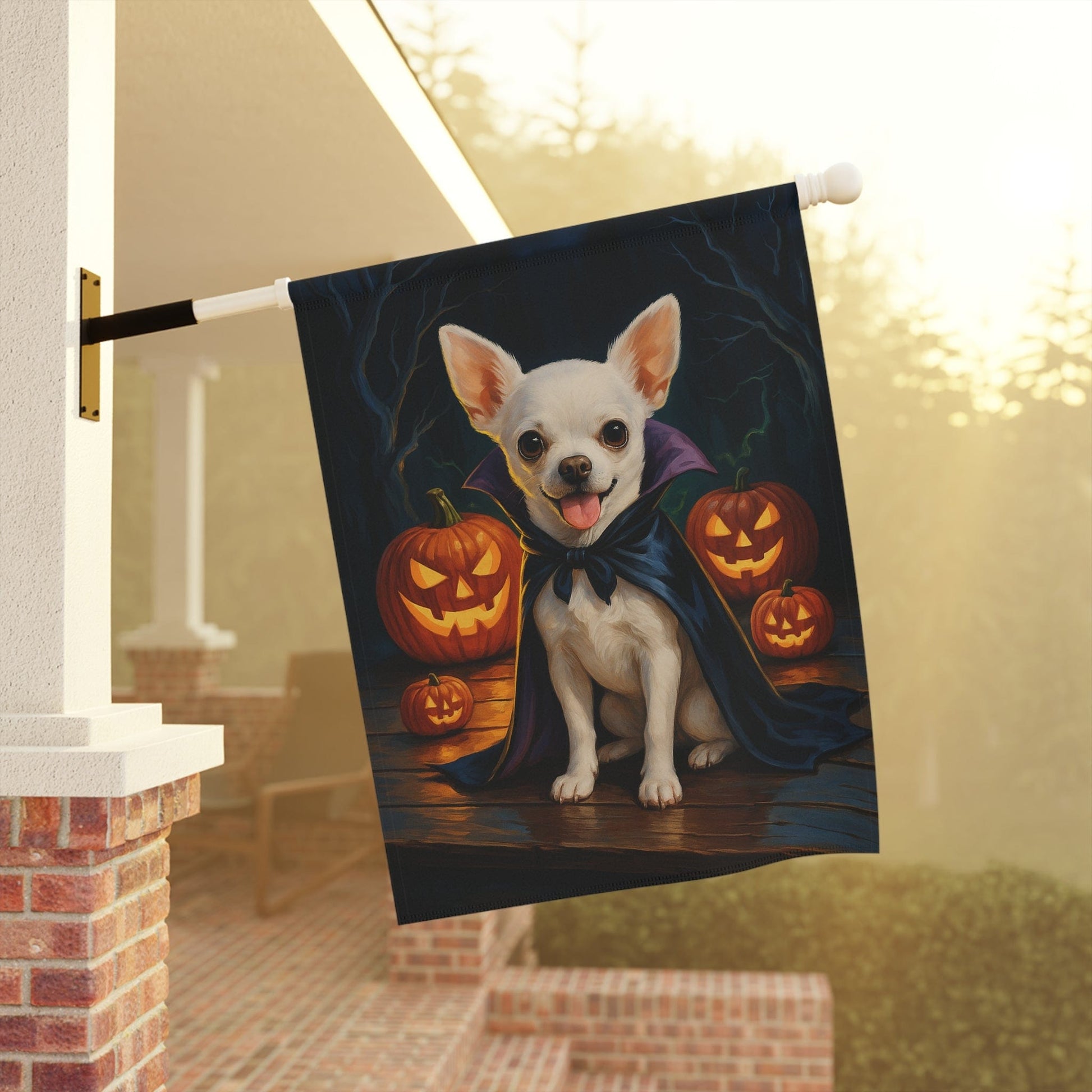Printify Home Decor Yard Flag, Halloween White Chihuahua Dog, Vampire Pumpkins Decor, Garden House Banner