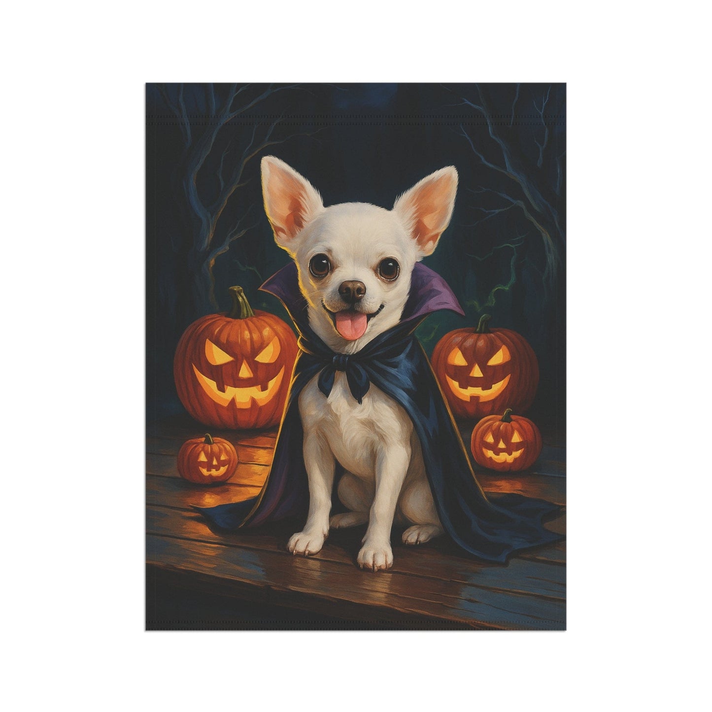Printify Home Decor Yard Flag, Halloween White Chihuahua Dog, Vampire Pumpkins Decor, Garden House Banner