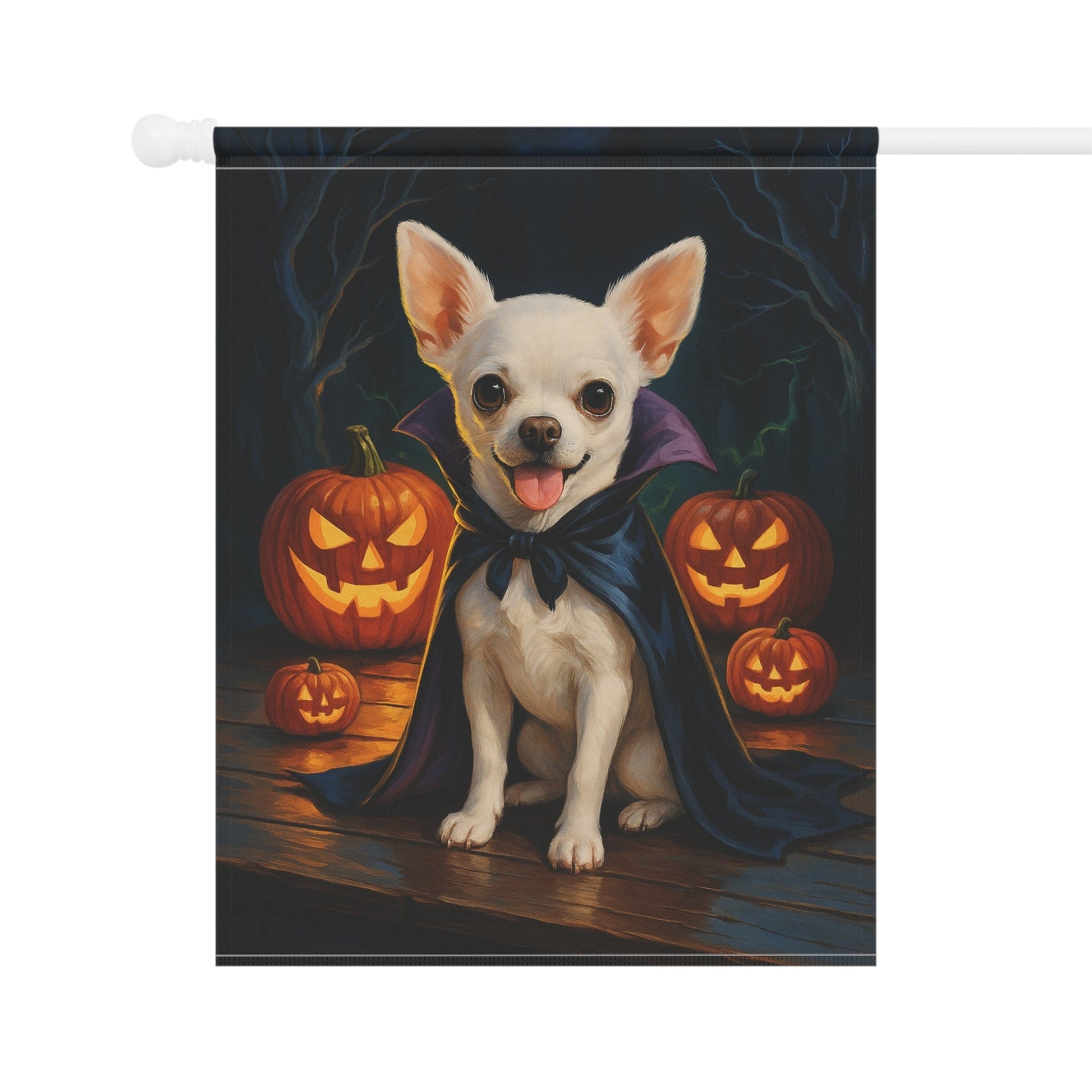 Printify Home Decor Yard Flag, Halloween White Chihuahua Dog, Vampire Pumpkins Decor, Garden House Banner