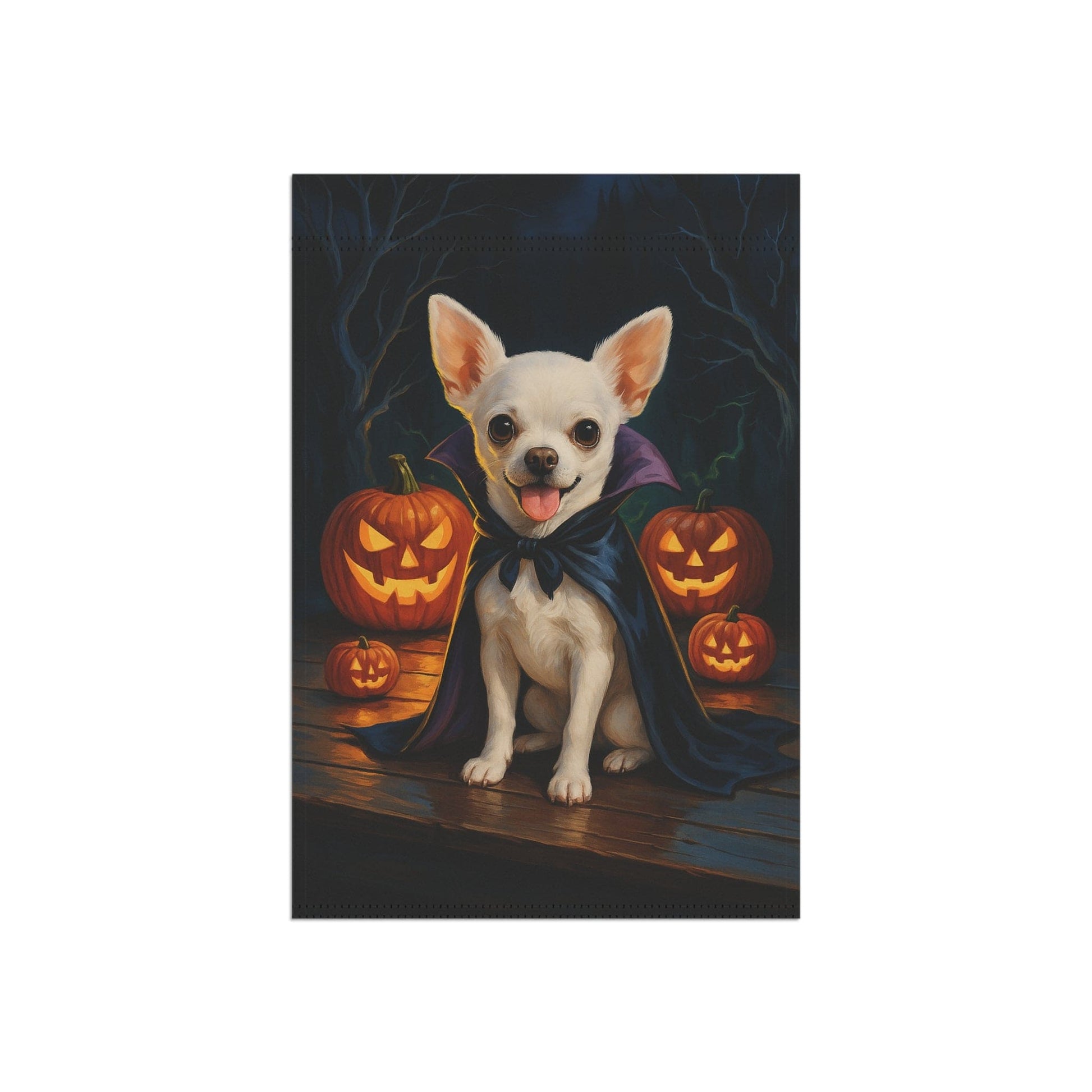 Printify Home Decor Yard Flag, Halloween White Chihuahua Dog, Vampire Pumpkins Decor, Garden House Banner
