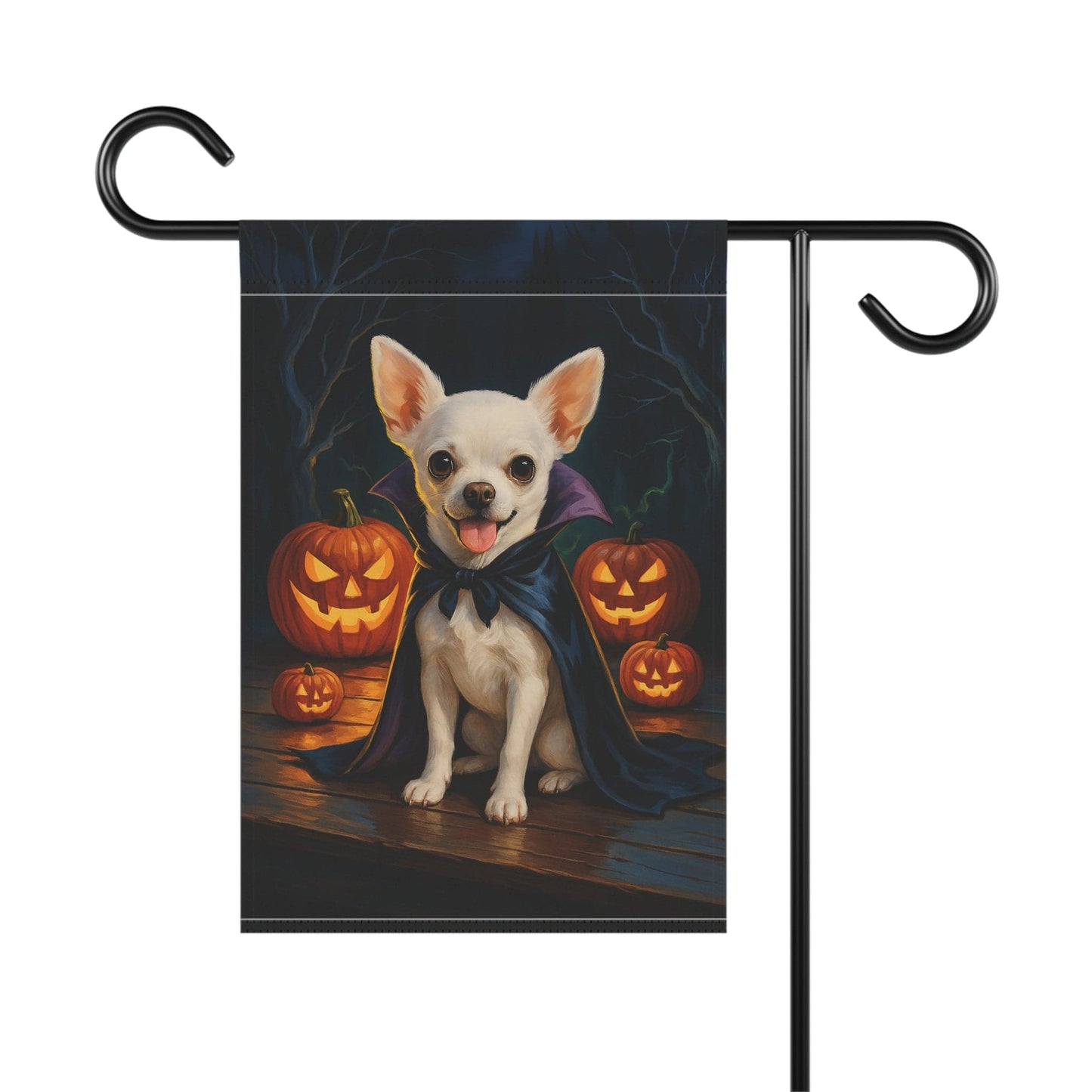 Printify Home Decor Yard Flag, Halloween White Chihuahua Dog, Vampire Pumpkins Decor, Garden House Banner
