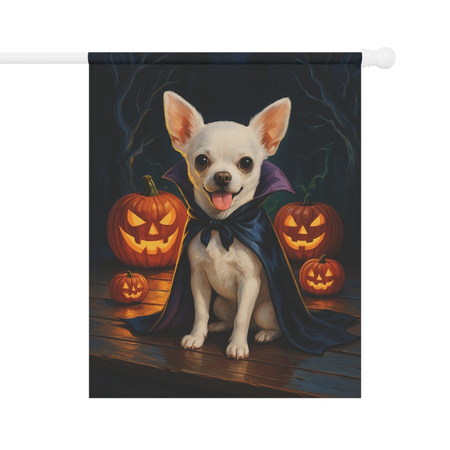 Printify Home Decor 24.5'' × 32'' Yard Flag, Halloween White Chihuahua Dog, Vampire Pumpkins Decor, Garden House Banner