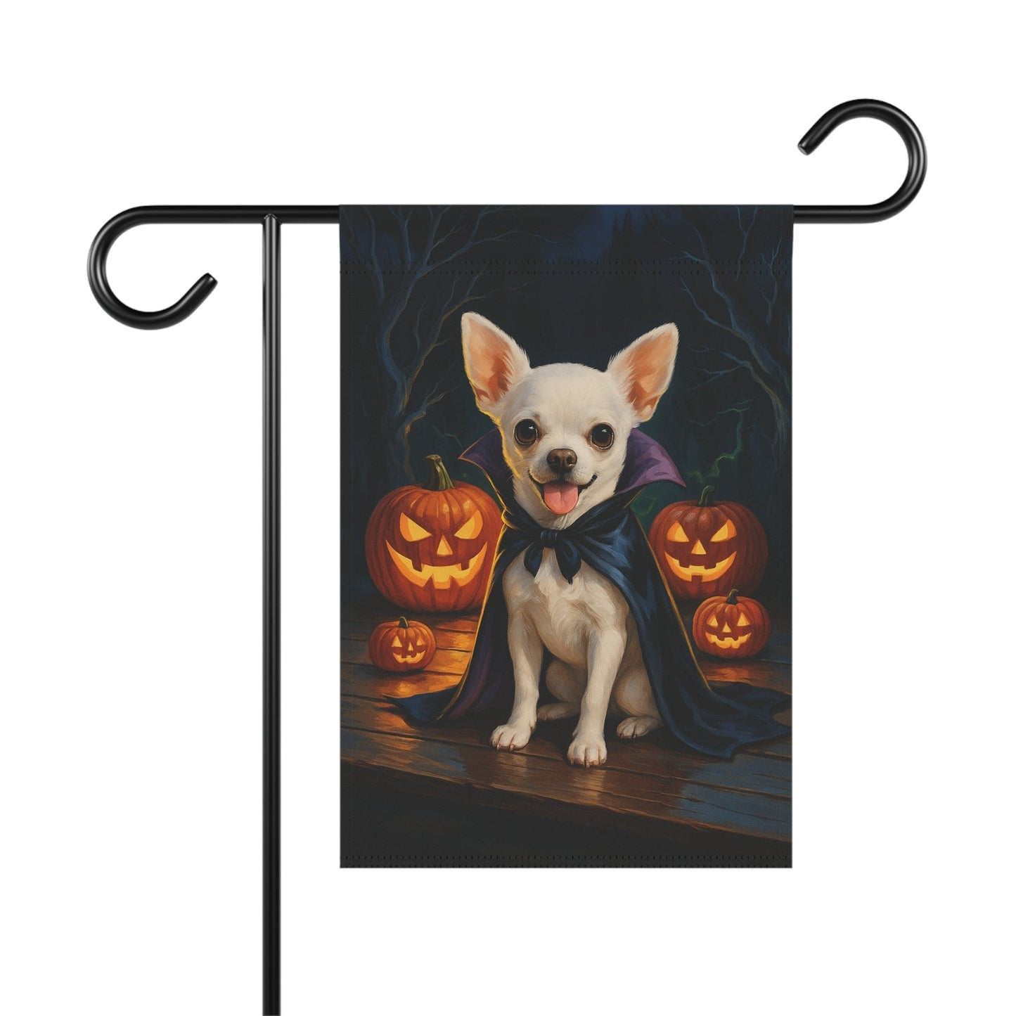 Printify Home Decor 12'' × 18'' Yard Flag, Halloween White Chihuahua Dog, Vampire Pumpkins Decor, Garden House Banner