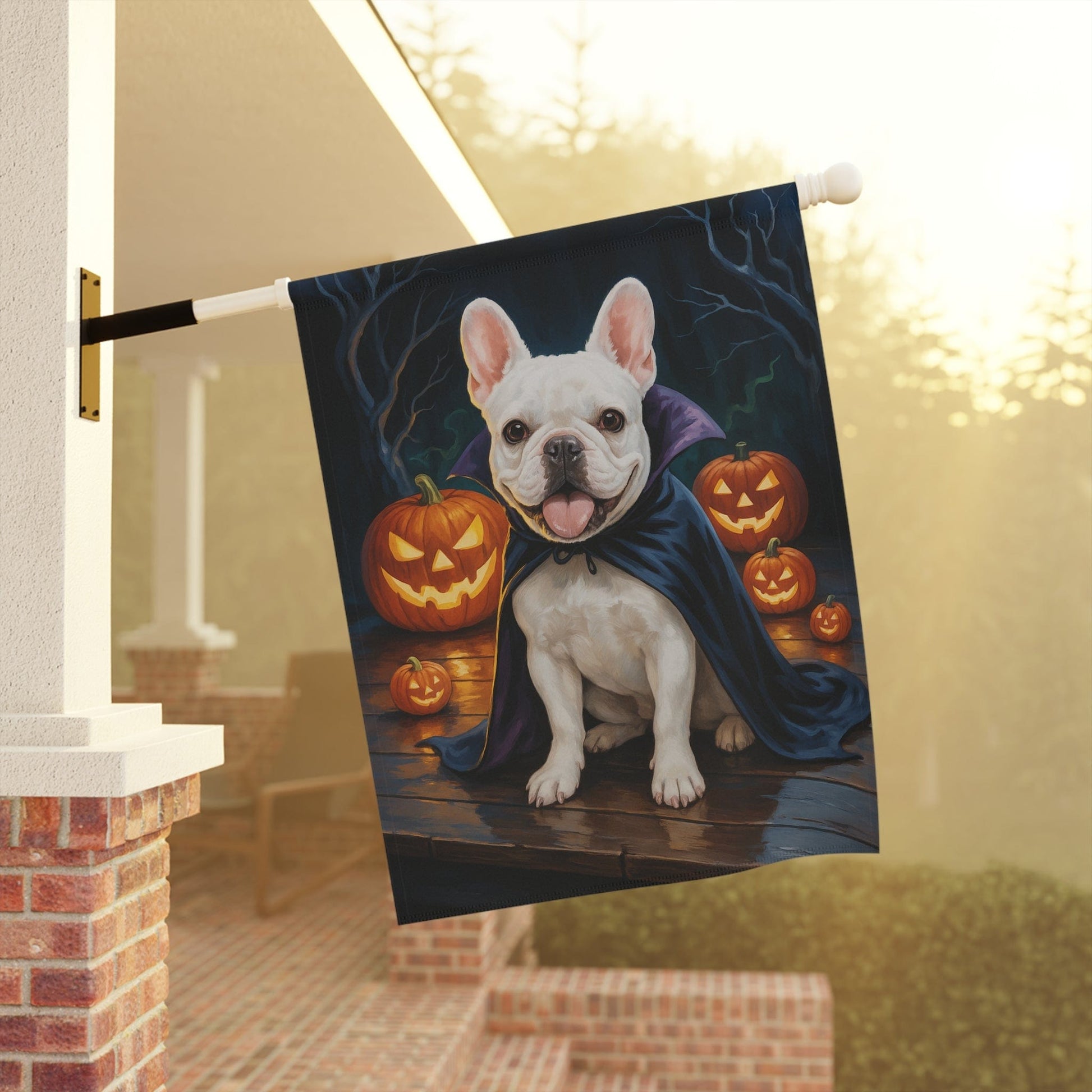 Printify Home Decor Yard Flag, Halloween White French Bulldog Dog, Vampire Pumpkins Decor, Garden House Banner, Outdoor Halloween Fall Art, October Yard Art