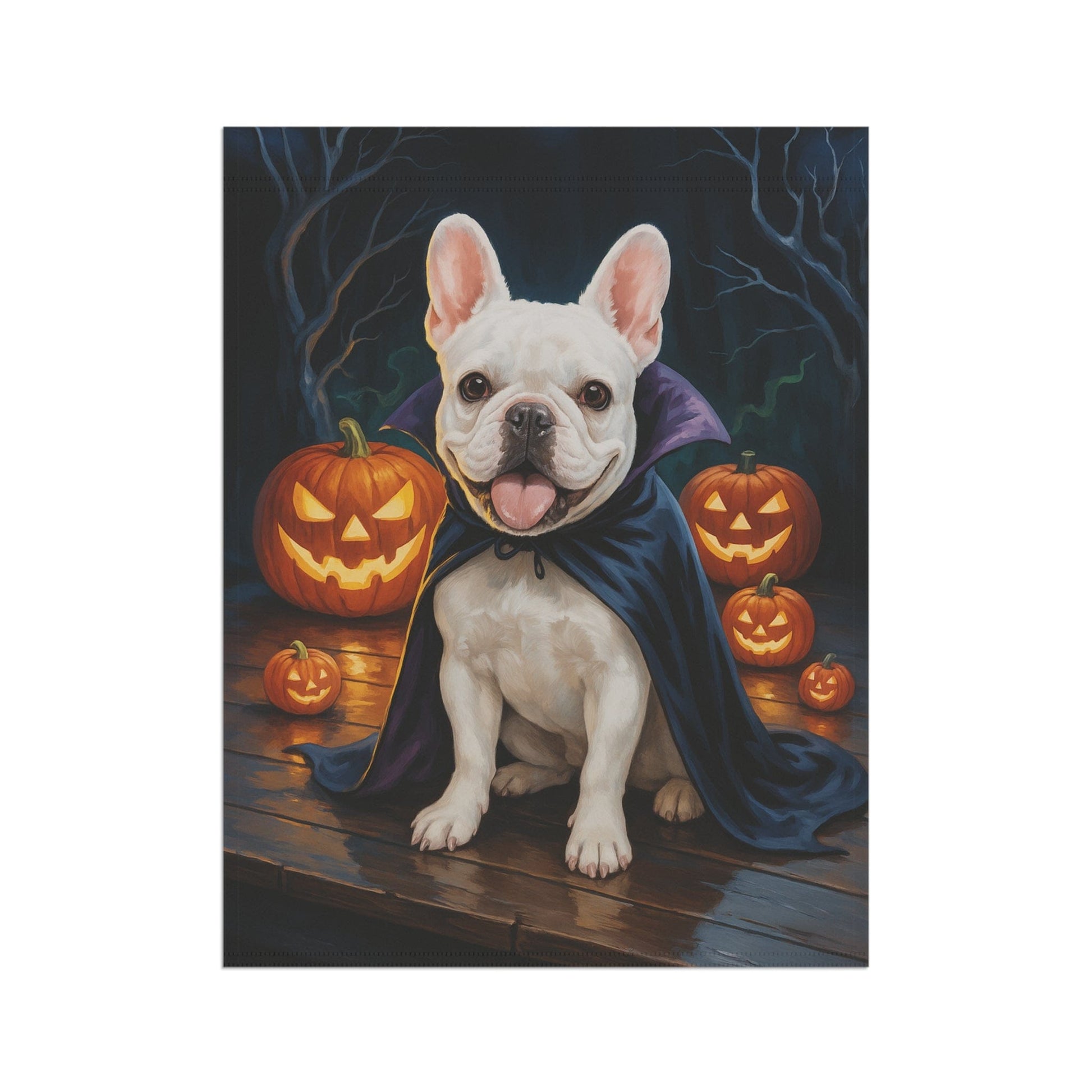 Printify Home Decor Yard Flag, Halloween White French Bulldog Dog, Vampire Pumpkins Decor, Garden House Banner, Outdoor Halloween Fall Art, October Yard Art