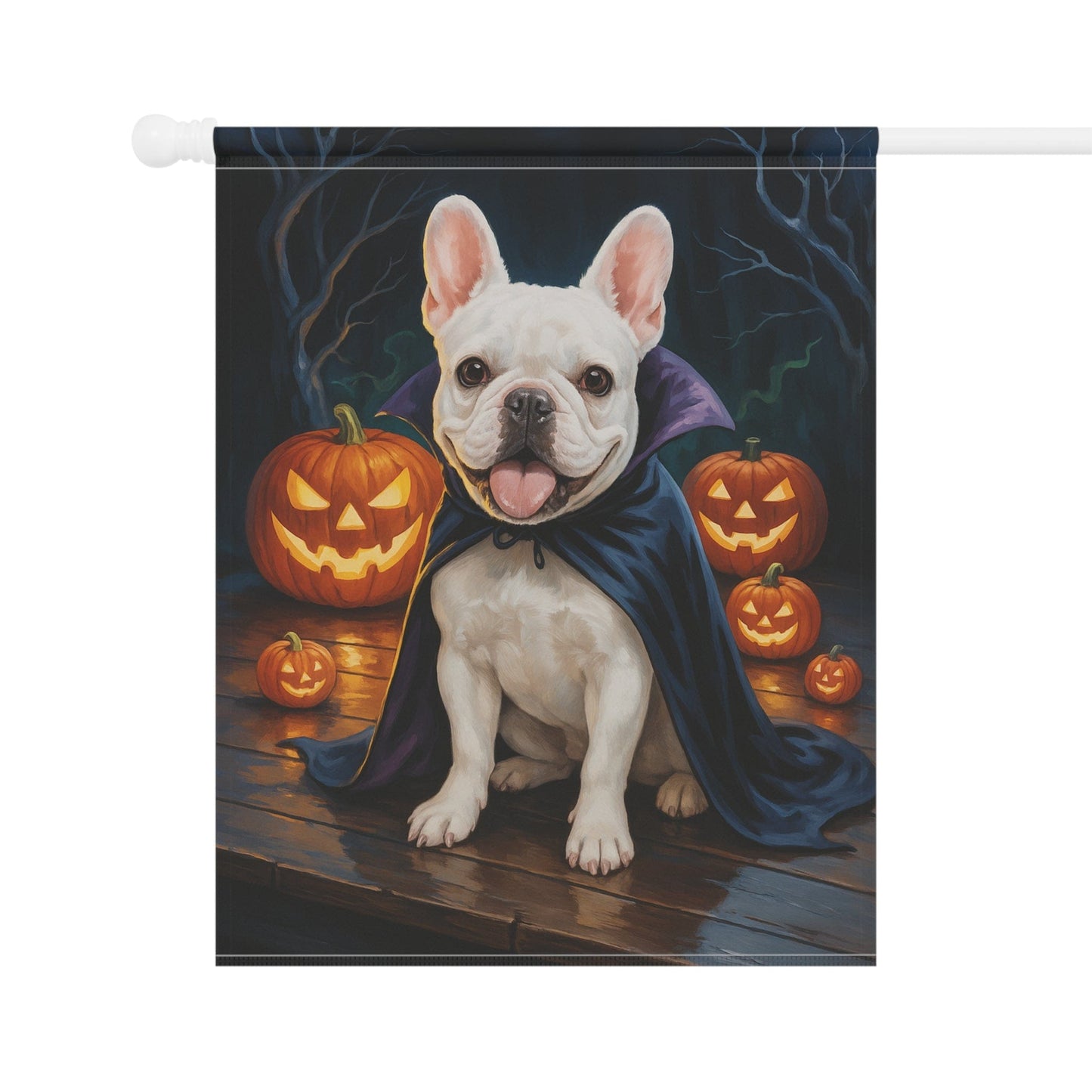 Printify Home Decor Yard Flag, Halloween White French Bulldog Dog, Vampire Pumpkins Decor, Garden House Banner, Outdoor Halloween Fall Art, October Yard Art