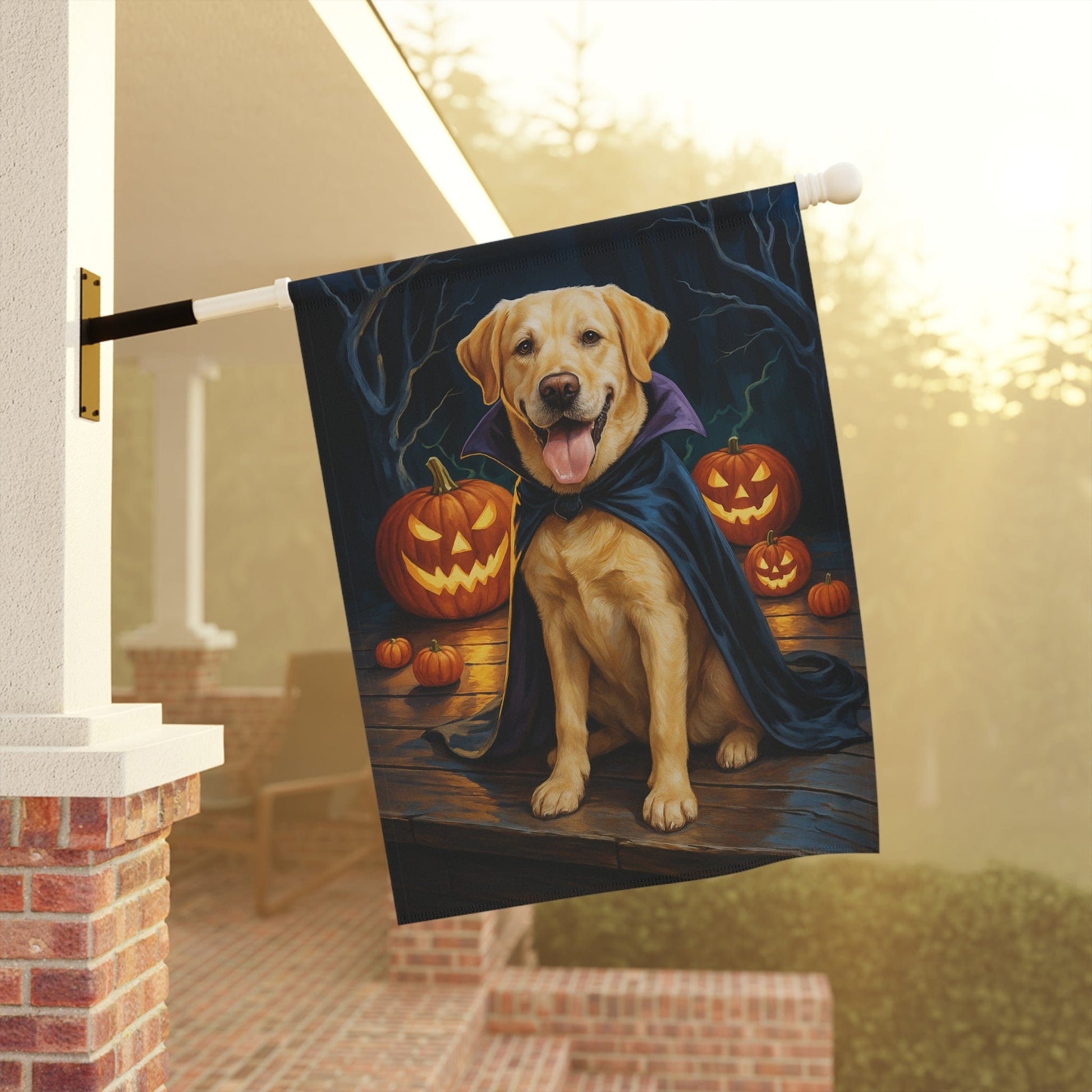 Printify Home Decor Yard Flag, Halloween Yellow Labrador Dog, Vampire Pumpkins Decor, Garden House Banner