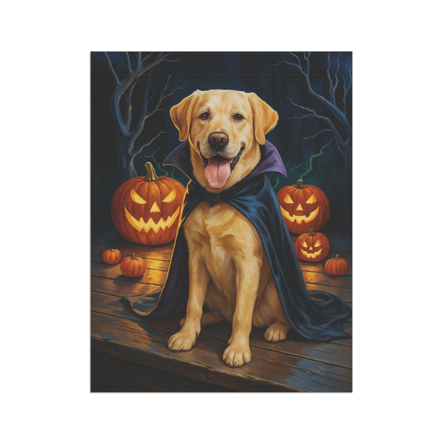 Printify Home Decor Yard Flag, Halloween Yellow Labrador Dog, Vampire Pumpkins Decor, Garden House Banner