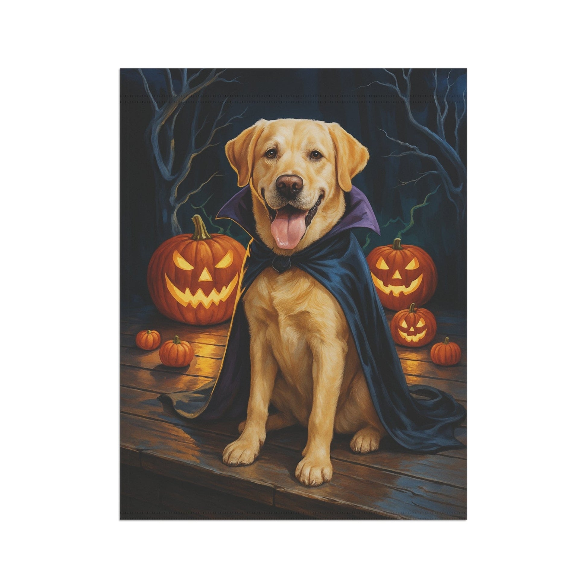 Printify Home Decor Yard Flag, Halloween Yellow Labrador Dog, Vampire Pumpkins Decor, Garden House Banner