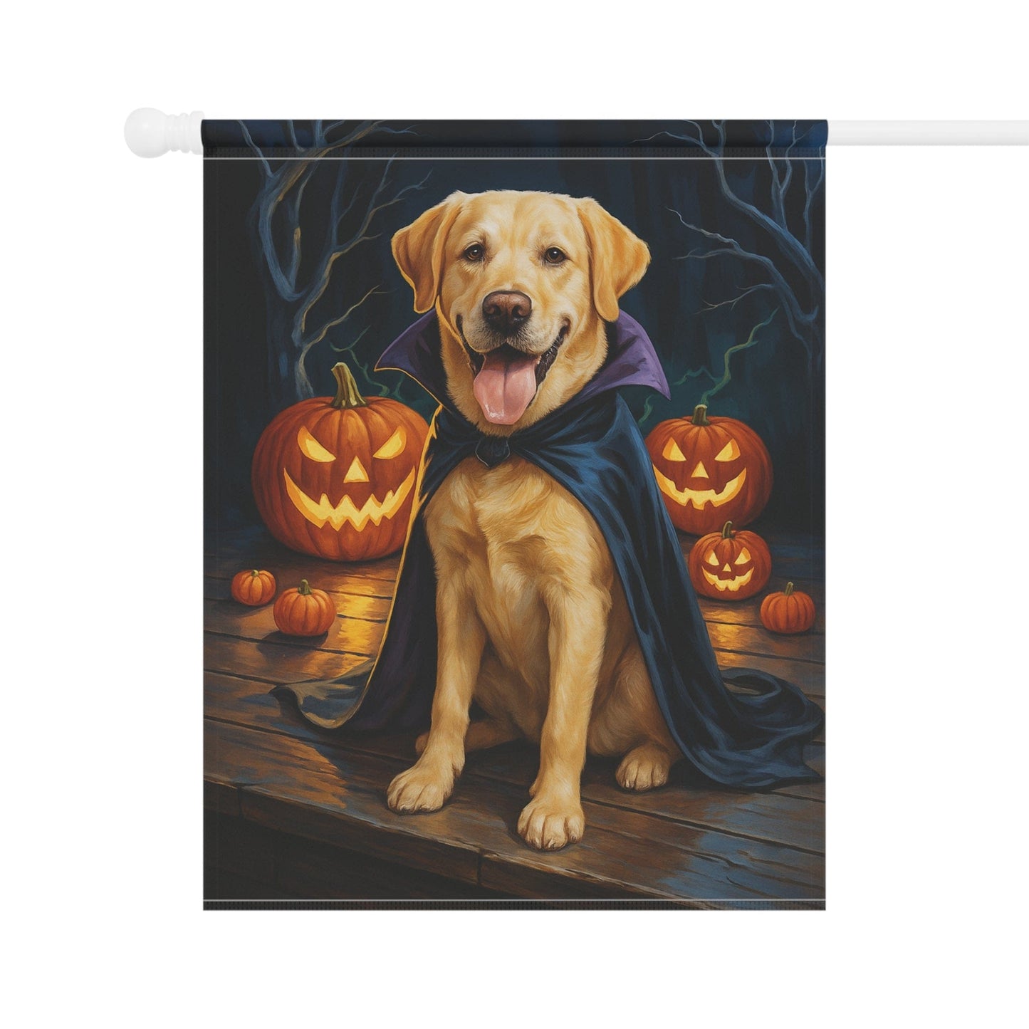 Printify Home Decor Yard Flag, Halloween Yellow Labrador Dog, Vampire Pumpkins Decor, Garden House Banner