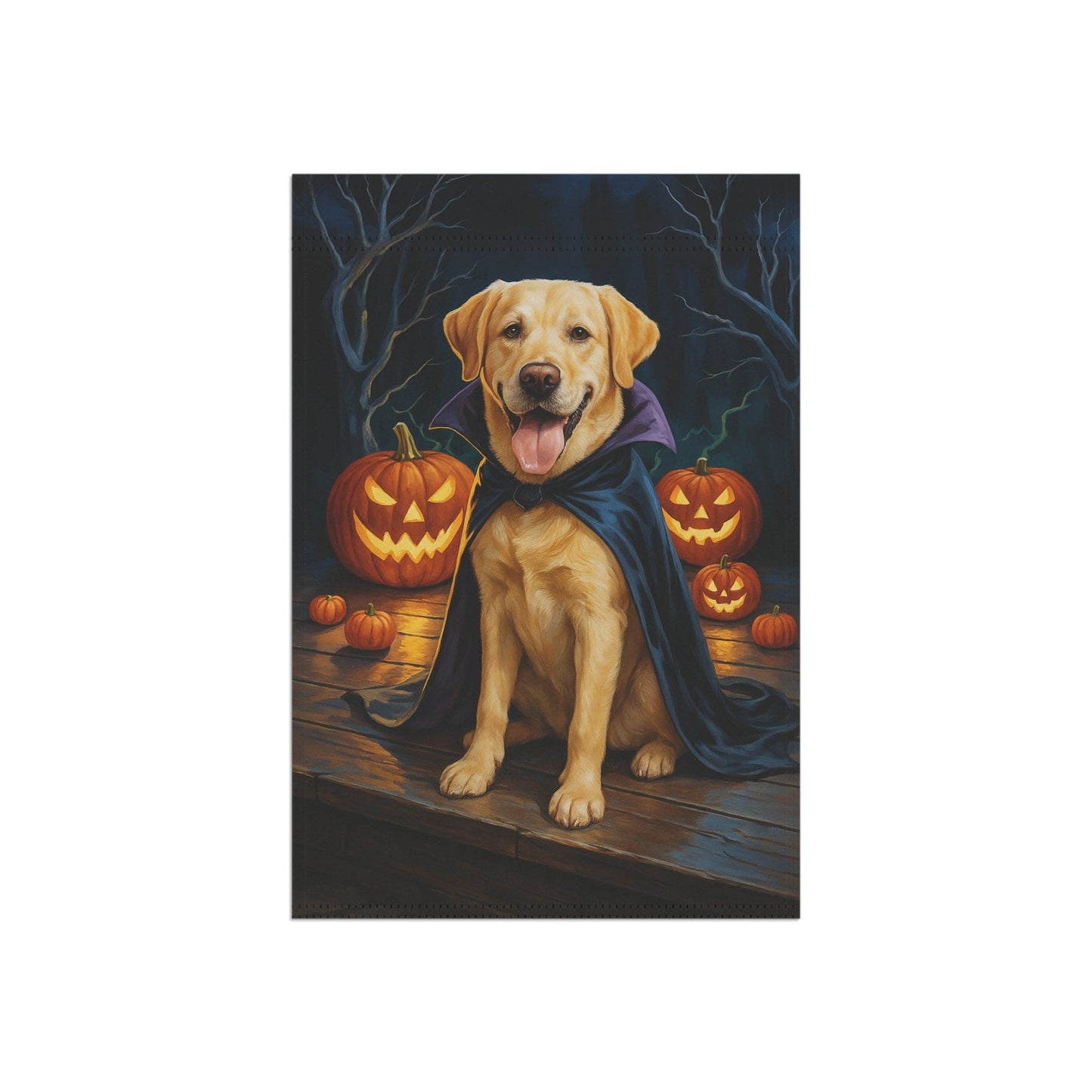 Printify Home Decor Yard Flag, Halloween Yellow Labrador Dog, Vampire Pumpkins Decor, Garden House Banner
