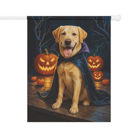 Printify Home Decor 24.5'' × 32'' Yard Flag, Halloween Yellow Labrador Dog, Vampire Pumpkins Decor, Garden House Banner