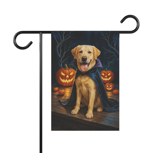 Printify Home Decor 12'' × 18'' Yard Flag, Halloween Yellow Labrador Dog, Vampire Pumpkins Decor, Garden House Banner