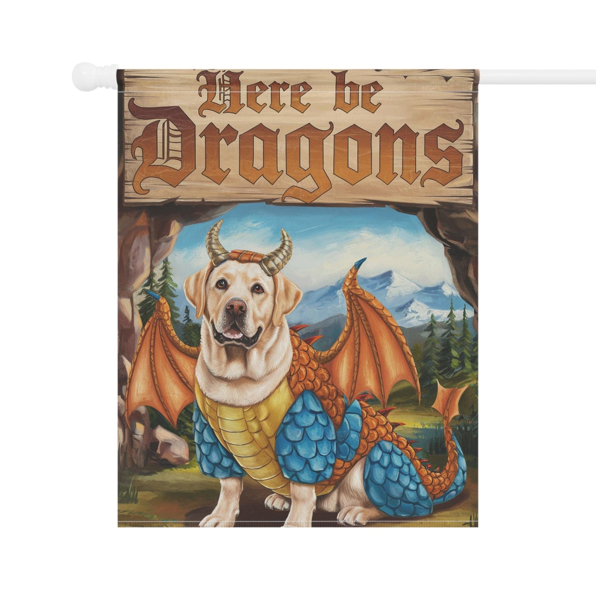Printify Home Decor Yellow Labrador Dog Dragon Garden Flag, Fantasy Front Yard Spring Decor