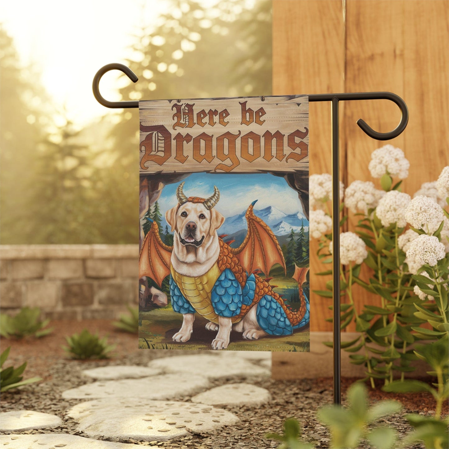 Printify Home Decor Yellow Labrador Dog Dragon Garden Flag, Fantasy Front Yard Spring Decor