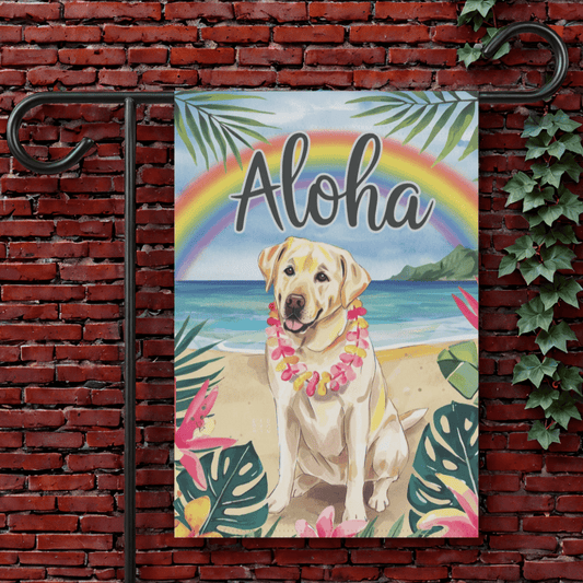 Printify Garden Flag 12'' × 18'' Yellow Labrador Retriever Aloha Garden Flag