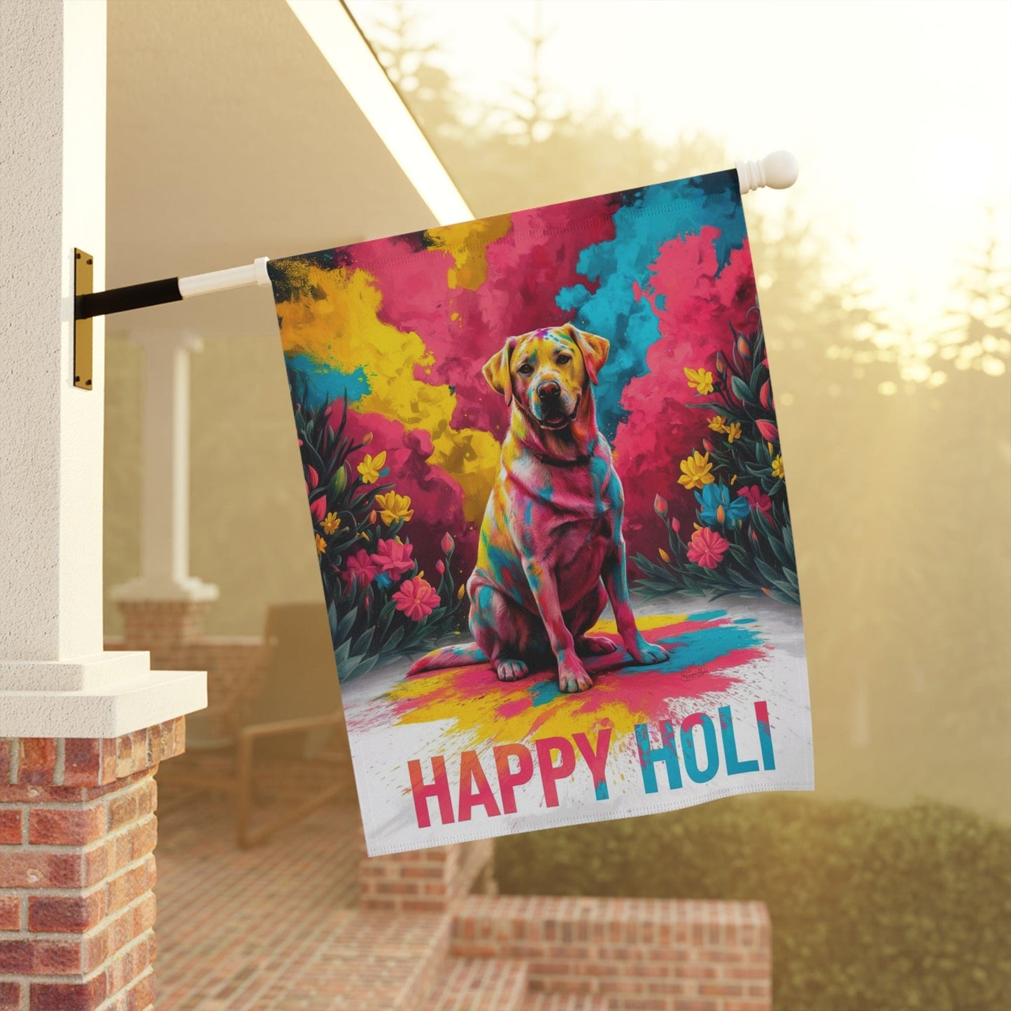 Printify Home Decor Yellow Labrador Retriever Holi Garden Flag, Indian Spring Festival, Dog Lovers Yard