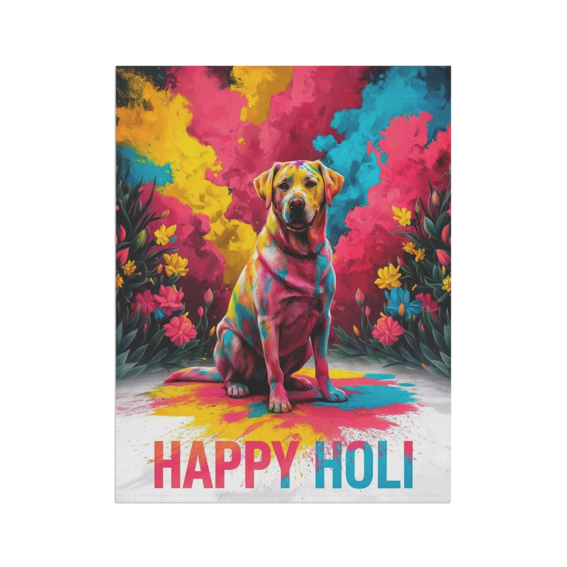 Printify Home Decor Yellow Labrador Retriever Holi Garden Flag, Indian Spring Festival, Dog Lovers Yard