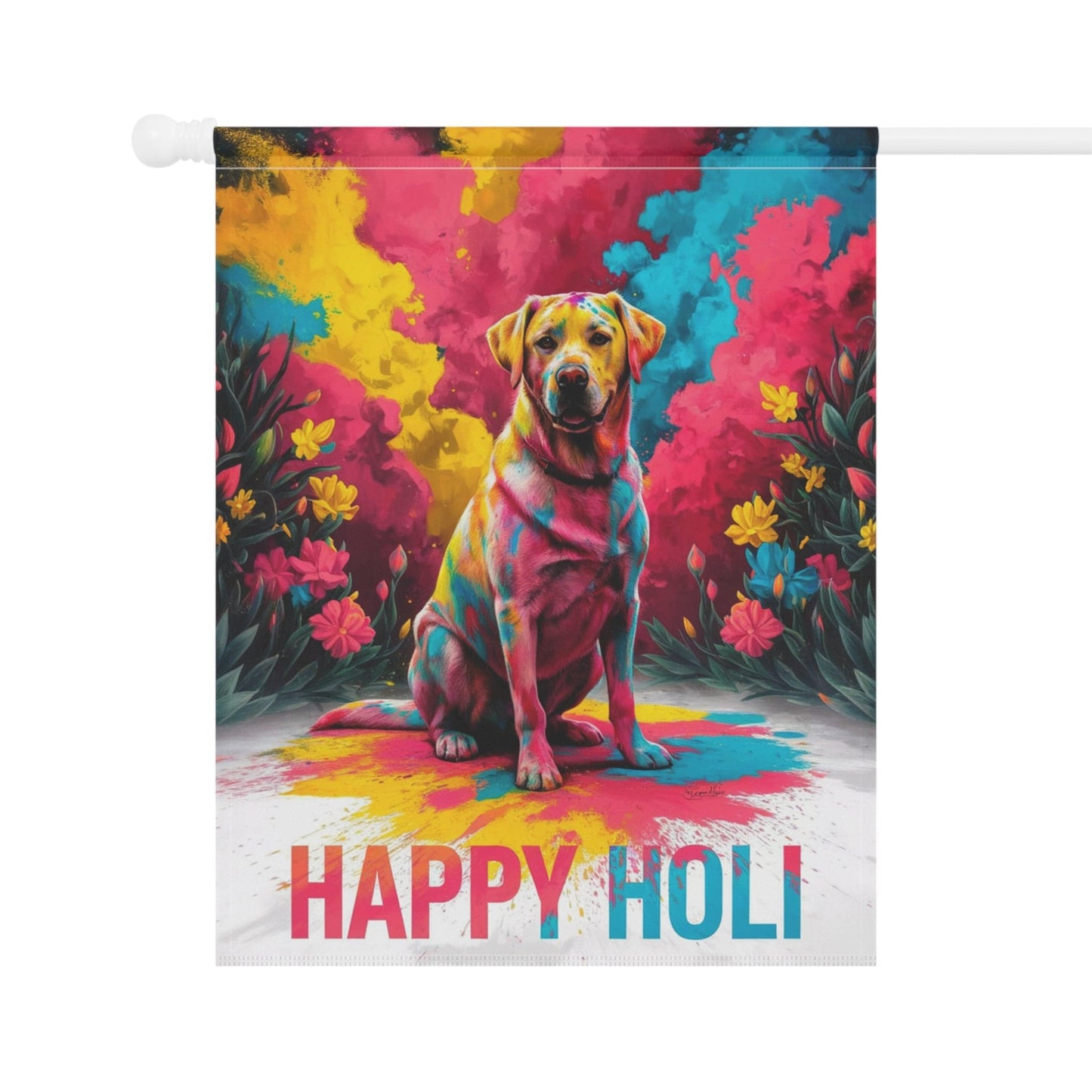 Printify Home Decor Yellow Labrador Retriever Holi Garden Flag, Indian Spring Festival, Dog Lovers Yard