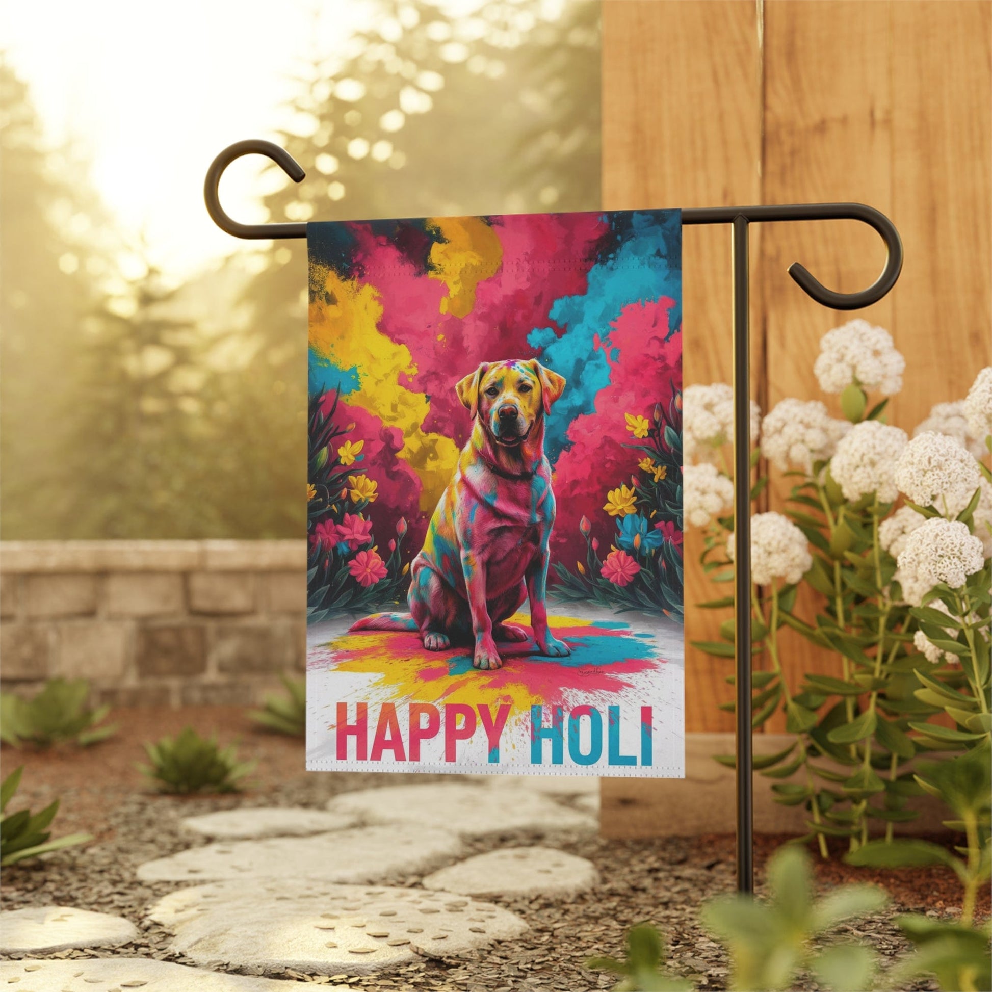 Printify Home Decor Yellow Labrador Retriever Holi Garden Flag, Indian Spring Festival, Dog Lovers Yard