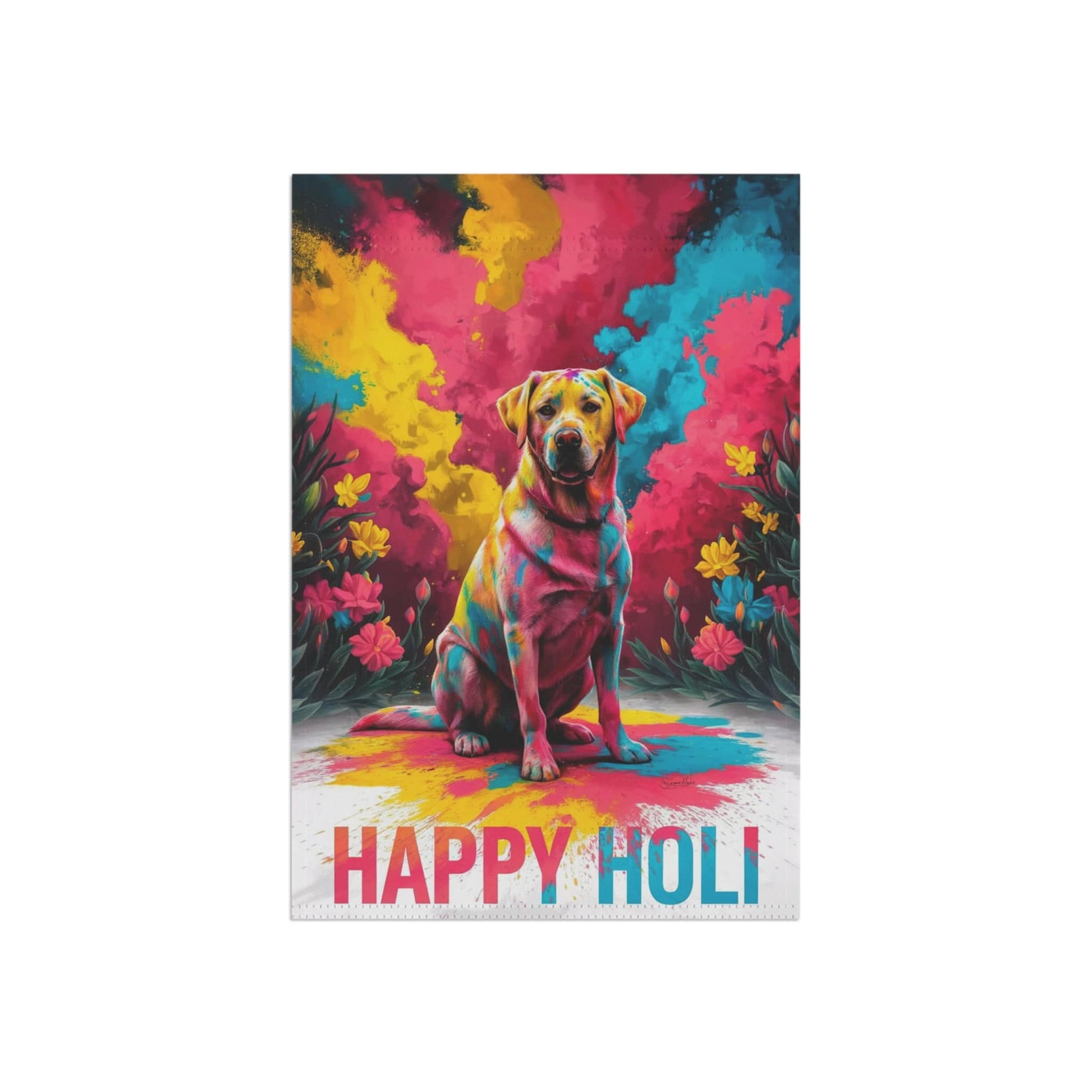Printify Home Decor Yellow Labrador Retriever Holi Garden Flag, Indian Spring Festival, Dog Lovers Yard