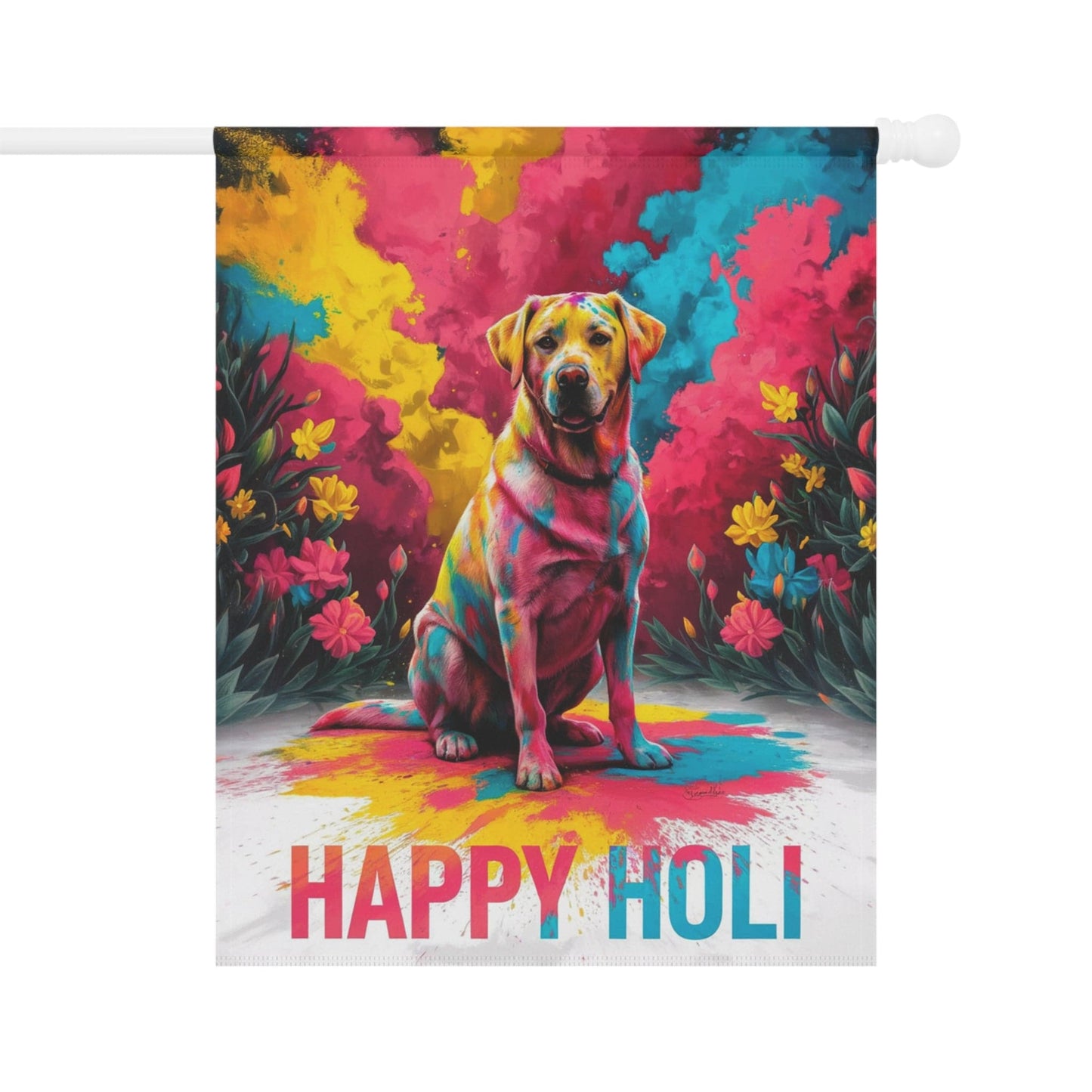 Printify Home Decor 24.5'' × 32'' Yellow Labrador Retriever Holi Garden Flag, Indian Spring Festival, Dog Lovers Yard