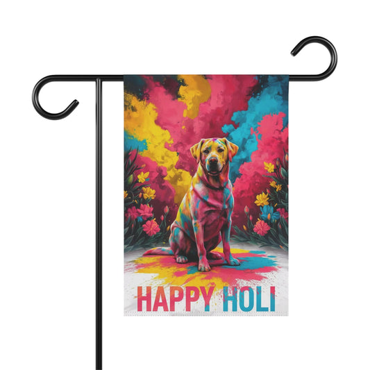 Printify Home Decor 12'' × 18'' Yellow Labrador Retriever Holi Garden Flag, Indian Spring Festival, Dog Lovers Yard