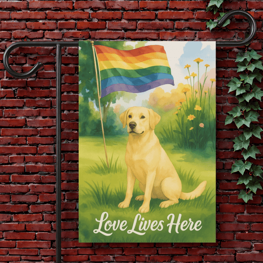 Printify Home Decor Yellow Labrador Retriever LGBTQ+ Pride Garden Flag