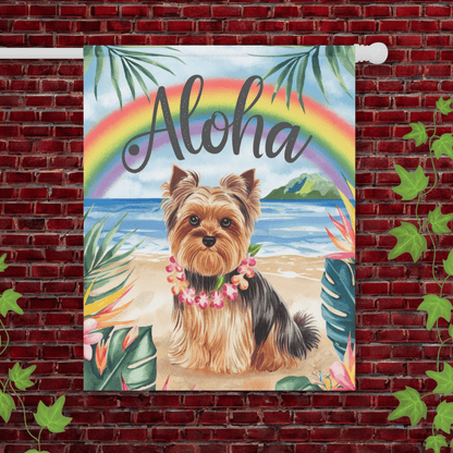 Printify Garden Flag 24.5'' × 32'' Yorkshire Terrier Aloha Luau Garden Flag