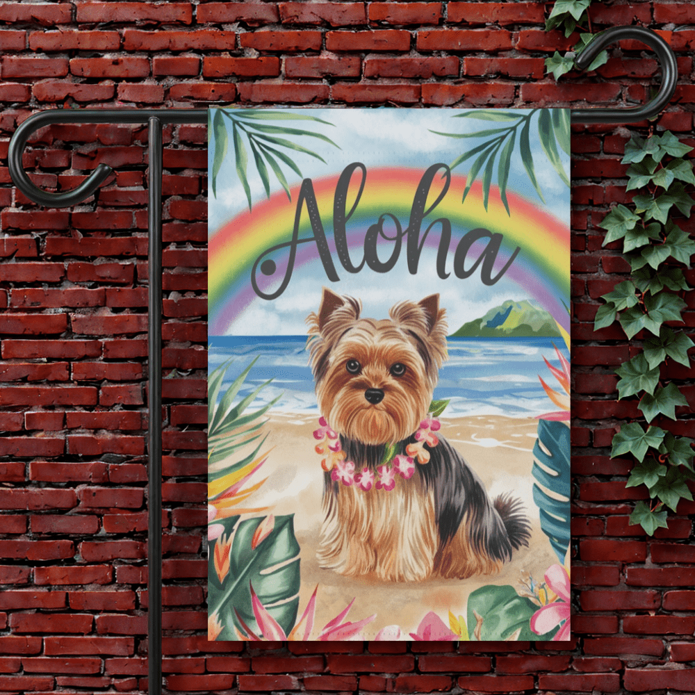 Printify Garden Flag 12'' × 18'' Yorkshire Terrier Aloha Luau Garden Flag