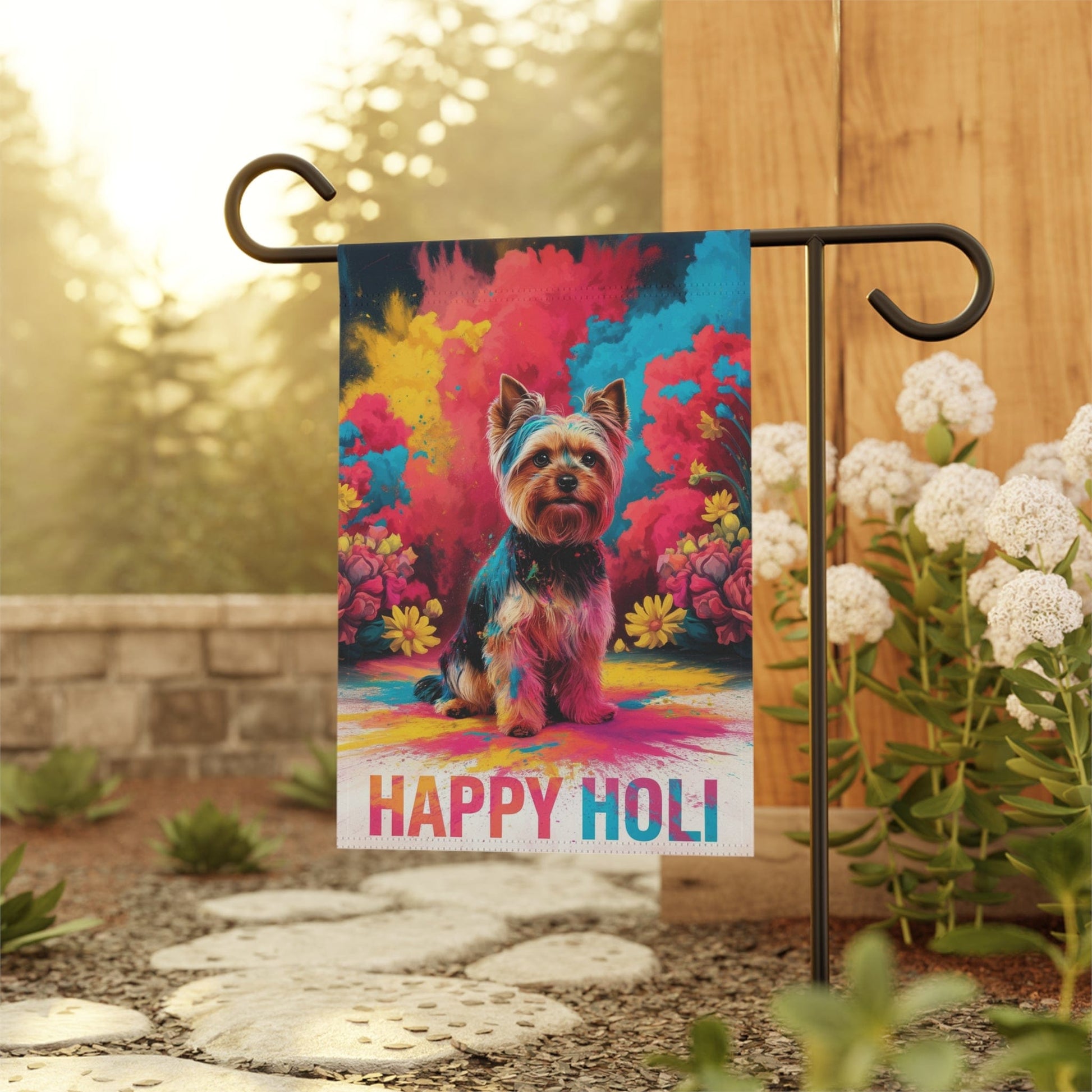 Printify Home Decor Yorkshire Terrier Holi Garden Flag, Indian Spring Festival, Dog Lovers Yard Outside Decor