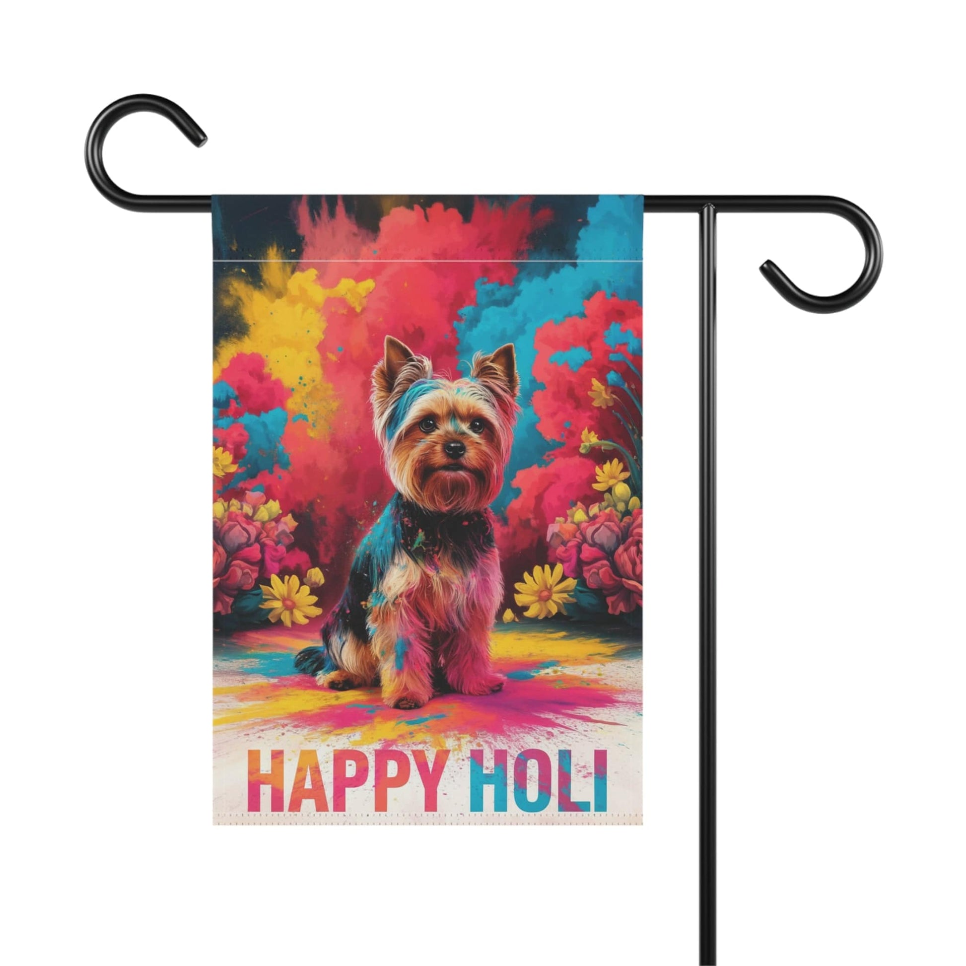 Printify Home Decor Yorkshire Terrier Holi Garden Flag, Indian Spring Festival, Dog Lovers Yard Outside Decor