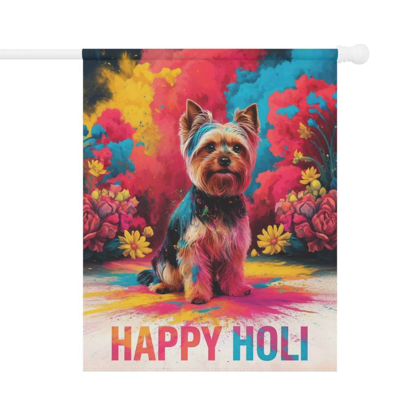 Printify Home Decor 24.5'' × 32'' Yorkshire Terrier Holi Garden Flag, Indian Spring Festival, Dog Lovers Yard Outside Decor