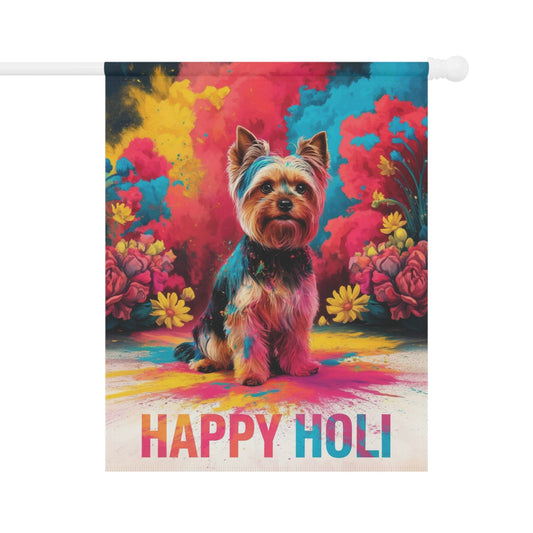 Printify Home Decor 24.5'' × 32'' Yorkshire Terrier Holi Garden Flag, Indian Spring Festival, Dog Lovers Yard Outside Decor