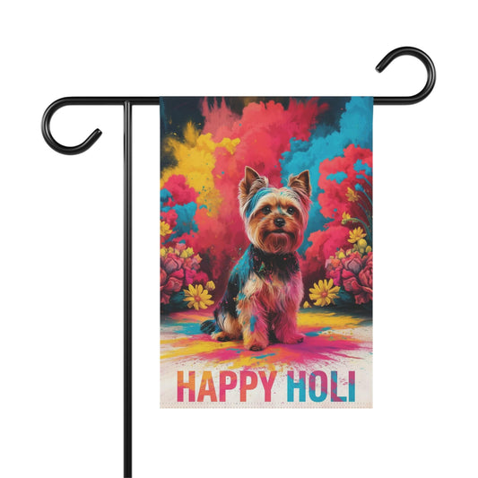 Printify Home Decor 12'' × 18'' Yorkshire Terrier Holi Garden Flag, Indian Spring Festival, Dog Lovers Yard Outside Decor